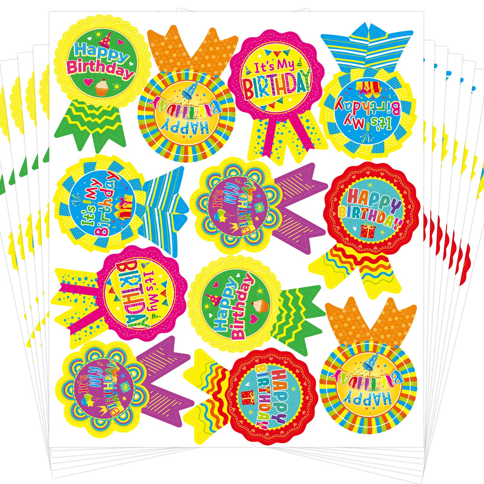 Calcomanías de insignia de feliz cumpleaños para niños, calcomanías de cumpleaños para el hogar, aula, decoración de fiesta, 204 piezas