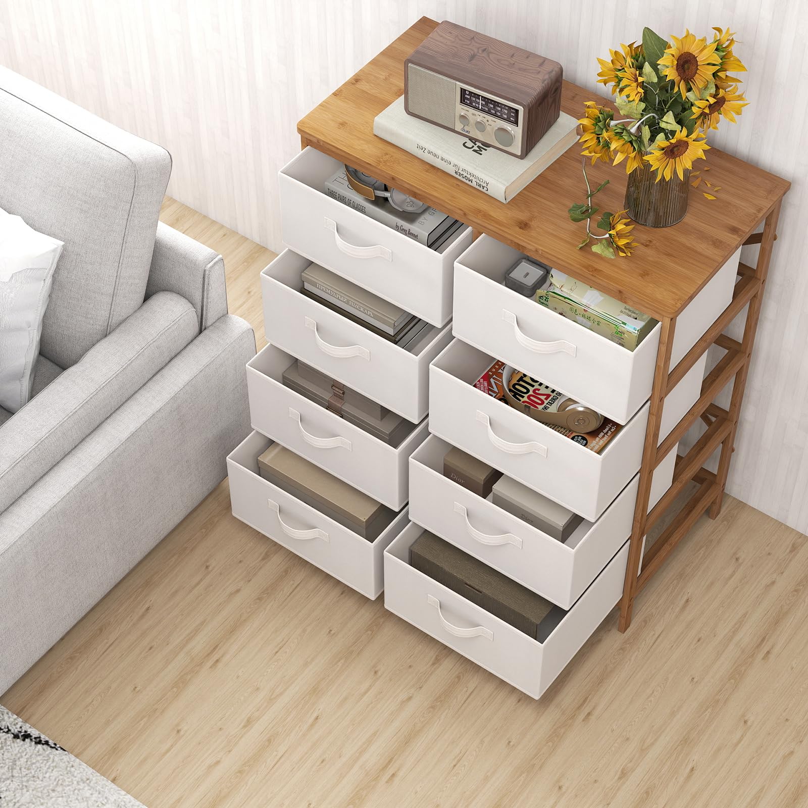 COSTWAY Komoda z 8 zdejmowanymi szufladami materiałowymi i ramą bambusową, szafa z szufladami, szafa do przechowywania, szafka do salonu i korytarza, 80 x 40 x 94 cm