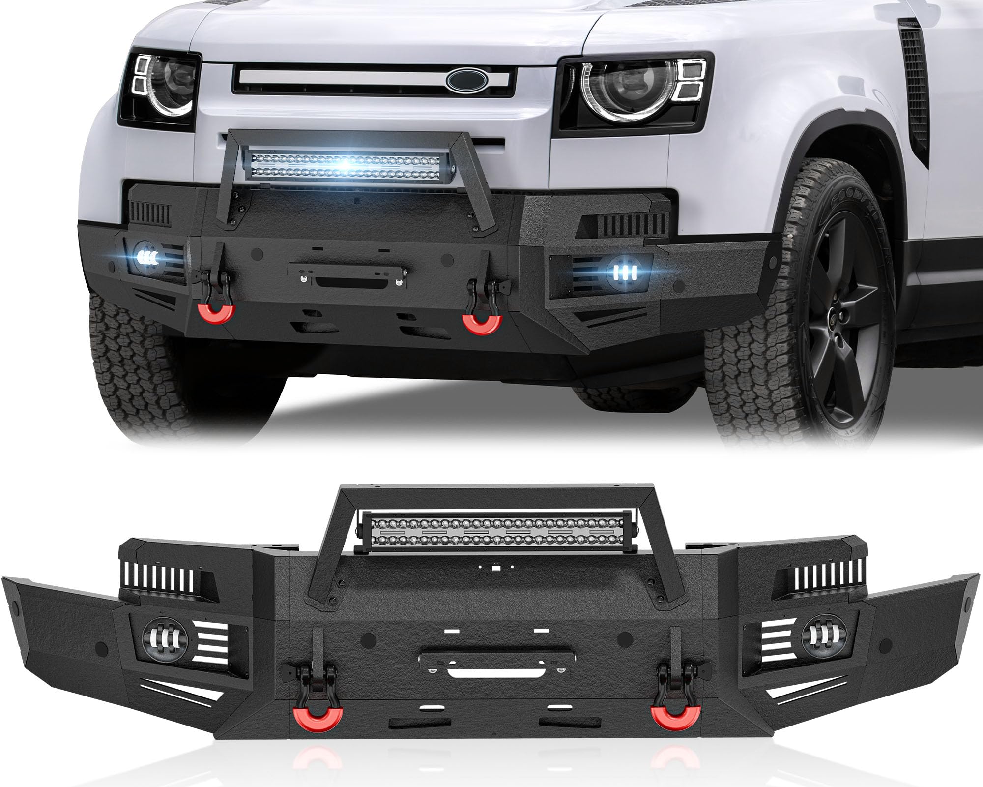 for Land Rover Defender Front Bumper Compatible with 2020 2021 2022 2023 2024 Landrover Defender 90 110 with Winch Plate, Skid Plate, Sensor Holes, License Plate Frame, 3 x LED Lights & D-rings