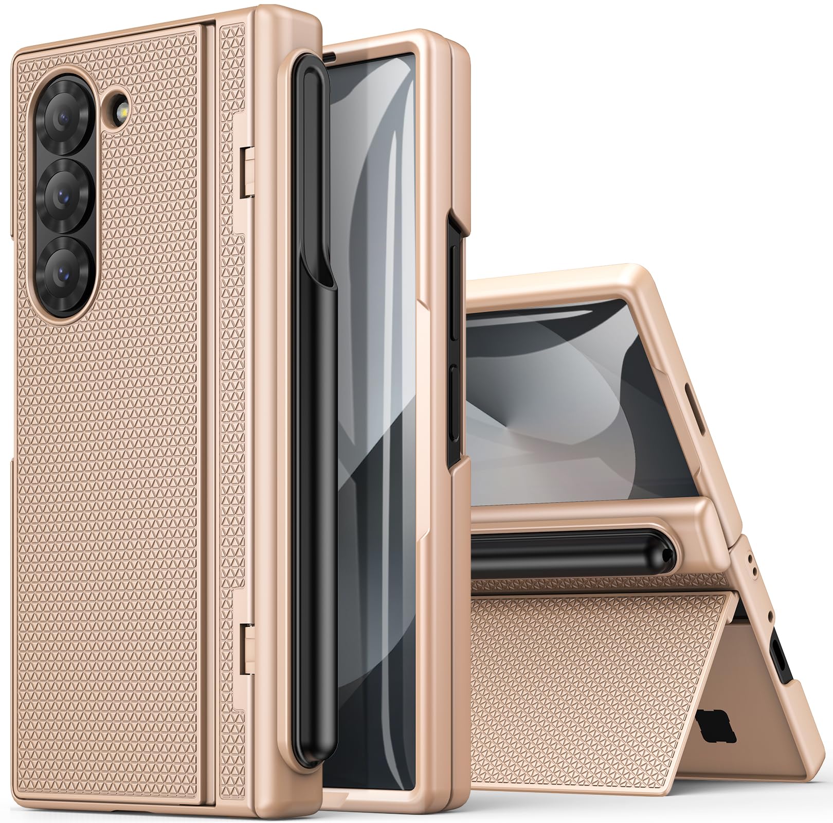 BXYJYfor Samsung Galaxy Z Fold 6 Case with S Pen Holder, Kickstand & Screen Protector & Hinge Protection, Slim Fit Rugged Hard 360° Full Body Cover Protective Phone Case for Samsung Z Fold 6, Gold