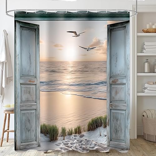 Miniatura 7 de Cortina de ducha costera de playa, 72 pulgadas de ancho x 72 pulgadas de largo, estilo océano, rústico, verde azulado, puerta de granero, náutico,