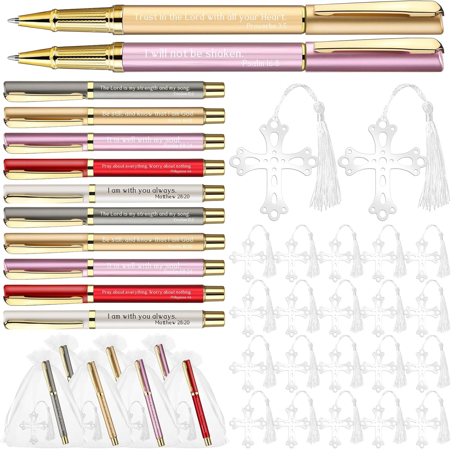 Spakon 50 Sets 30 Sets Christian Religious Mother's Day Gifts for Women Bulk Inspirational Scripture Bible Pens with Metal Cross Bookmarks Organza Bags Thanksgiving Sunday School Teacher Church Gifts