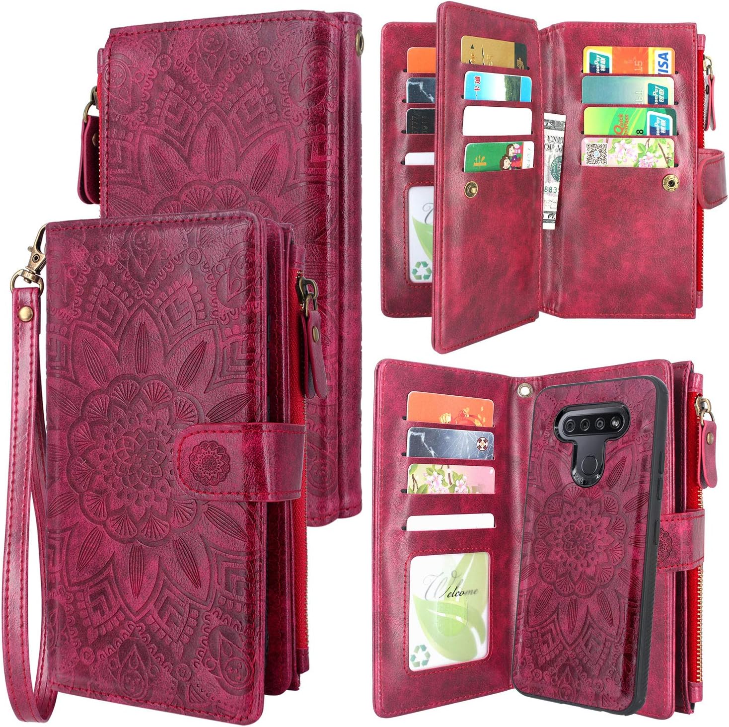 Harryshell Detachable Magnetic Zipper Wallet Leather Case Cash Pocket with 12 Card Slots Holder Wrist Strap for LG K51 / LG Reflect (Flower Wine Red)
