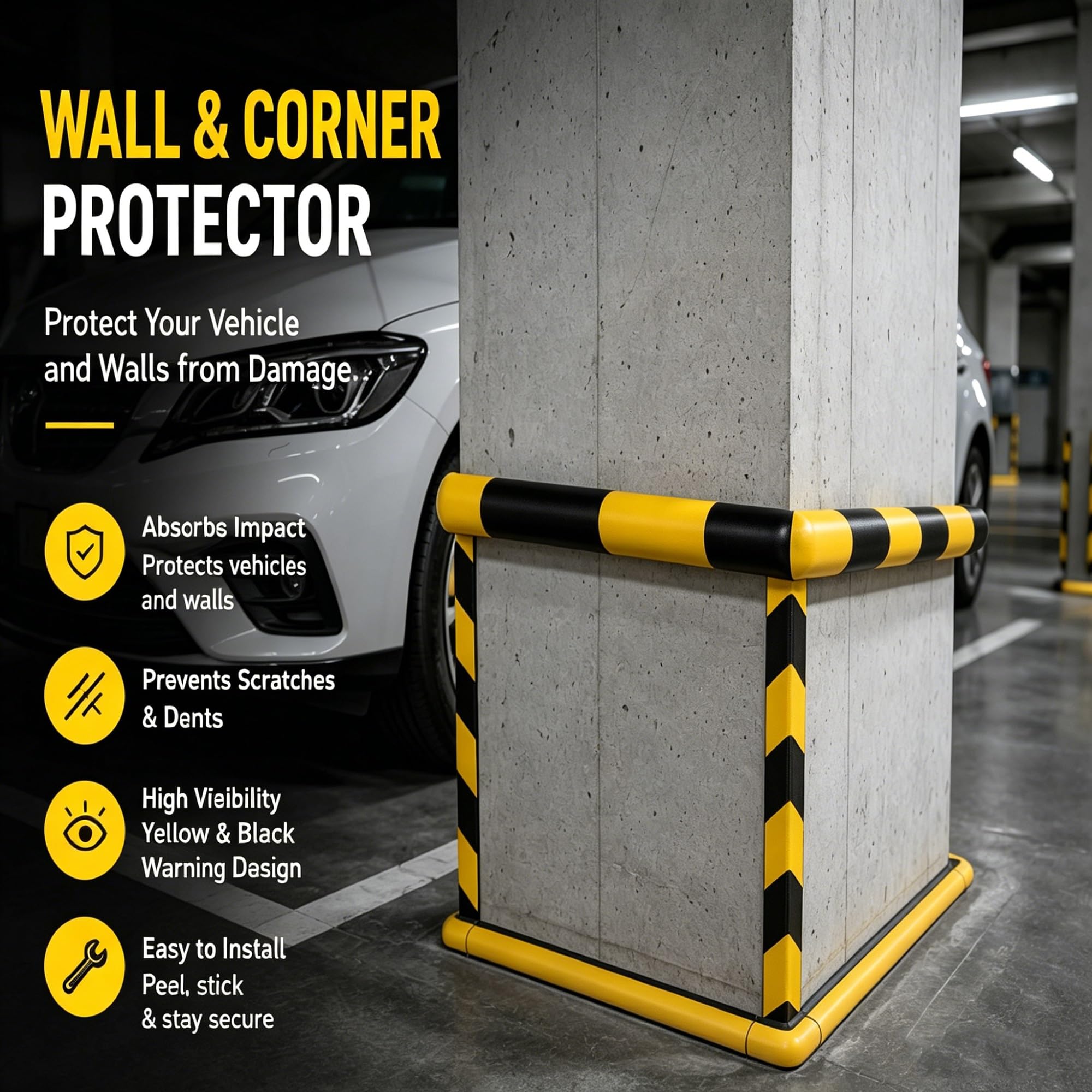 3-Pack Sistema de Protección de Esquinas de Seguridad Industrial, Protectores de Pared en Espuma Amarillo Negro Heavy Duty Autoadhesivos para Instalaciones de Almacén