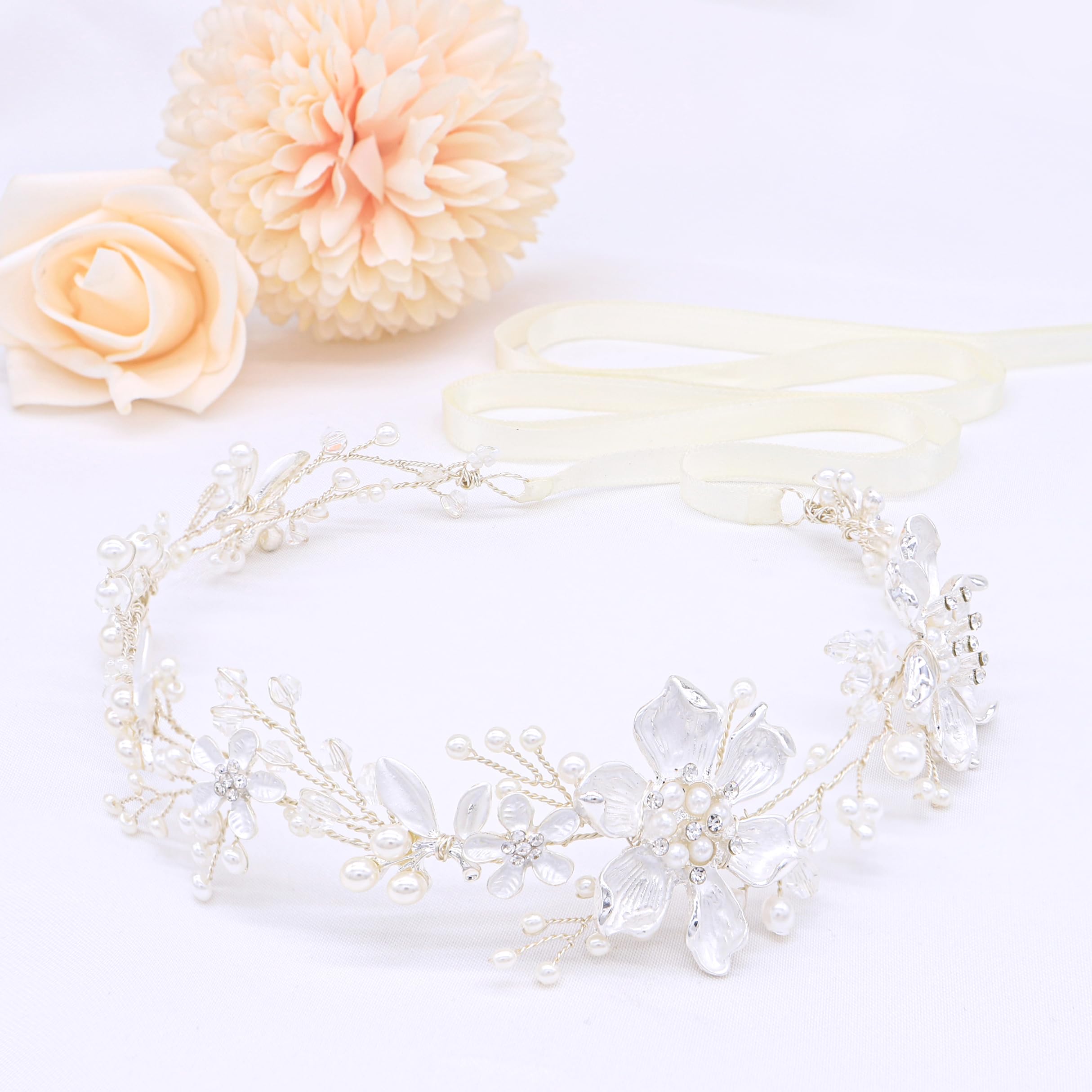 Oriamour Braut-Kopfschmuck Blumen-Design mit Perlen Hochzeit Stirnbänder Haar Reben für Bräute Frauen Mädchen Hochzeit Party (Silber)