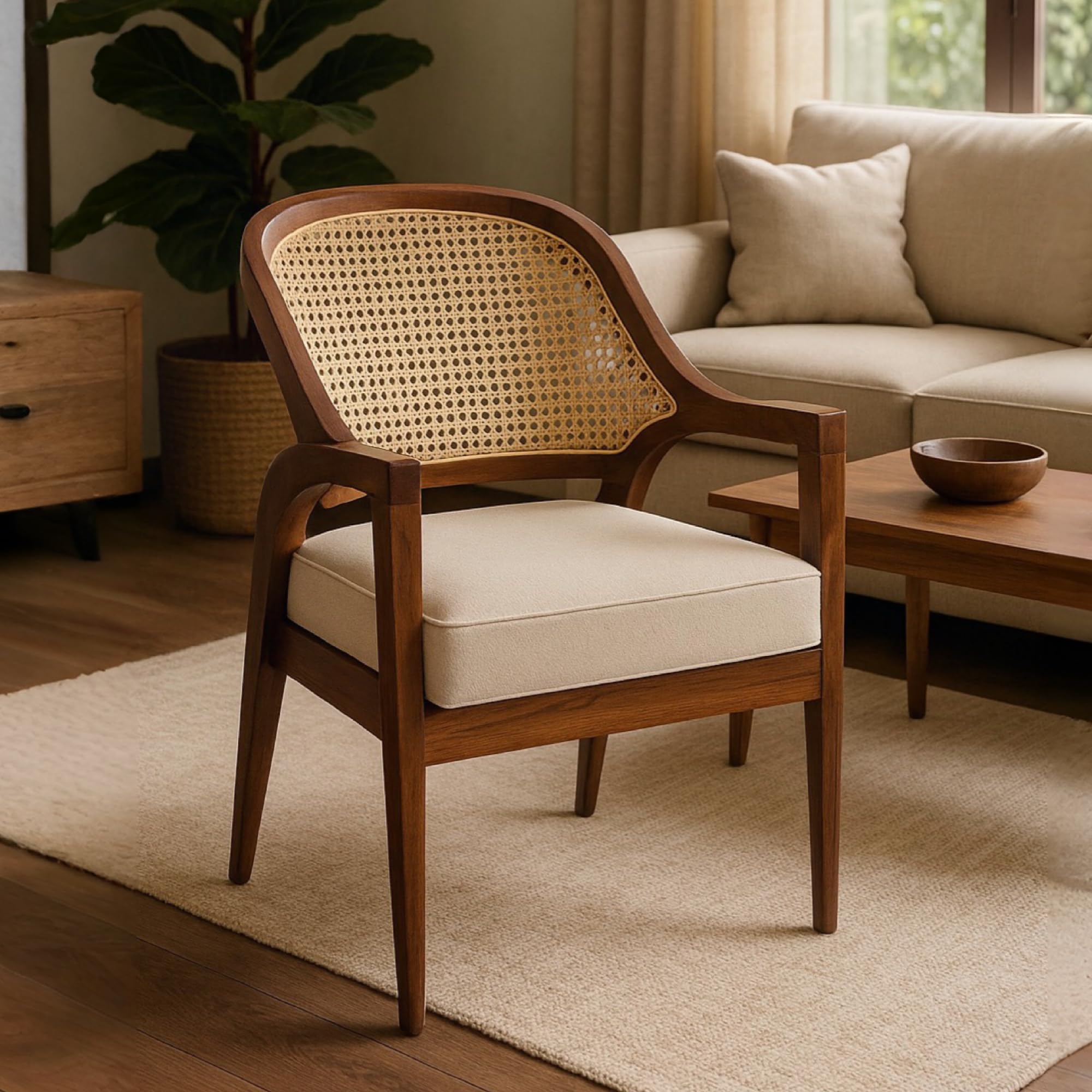 Wooden Slice Handcrafted Rattan Accent Arm Chair for Home – Comfortable Cane Wood Chair for Living Room, Bedroom, Dining Room, Restaurant & Cafe Chair | Natural Finish-image-32