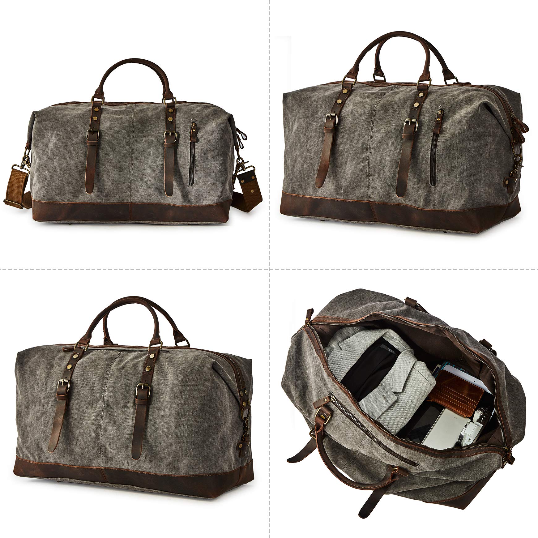 Vintage Reisetasche aus gewachstem Segeltuch und Leder, Wasserdicht Sporttasche mit Schuhfach, Handgepäck Verstellbar Schultergurt für Damen und Herren, Grau