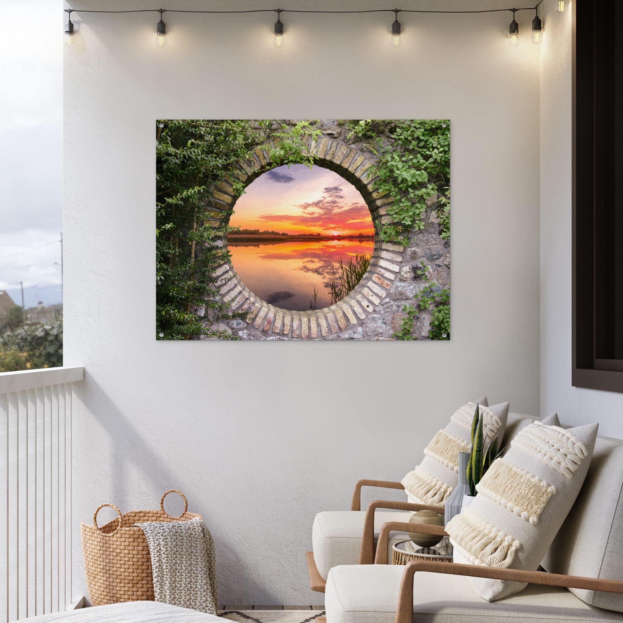 MuchoWow© Gartenposter Outdoor Bilder Gartendeko für draußen Wetterfest | 120x90 cm - Garten Deko Banner Sichtschutzmatte Draußen Bild Meer - Sonnenuntergang - Ausblick