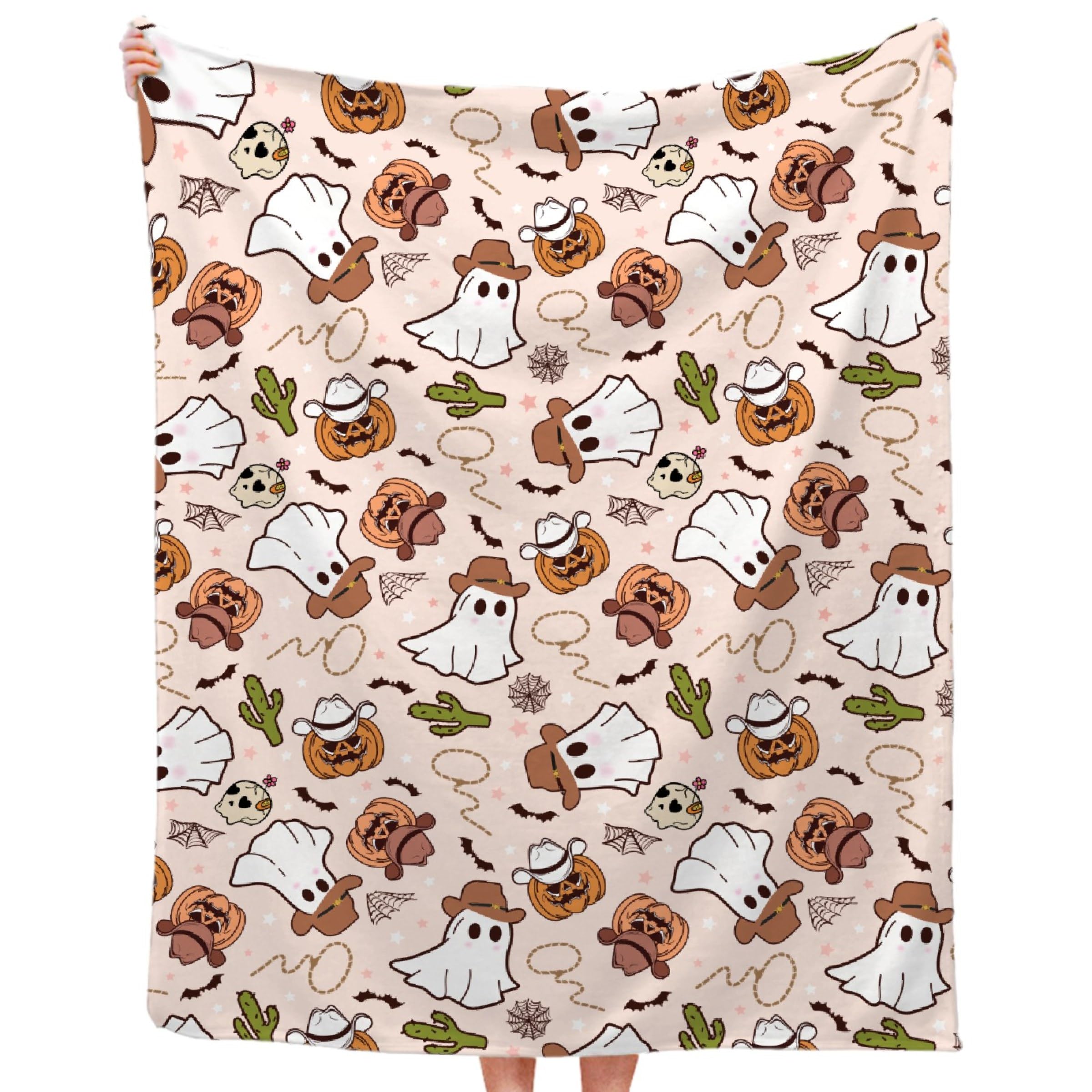 JOCASA Cowboy Halloween Blanket Gifts Flannel Lightweight Soft Cozy Halloween Cowboy Cactus Ghosts Blankets Throws Bedding Couch Sofa Bedroom Travel Girls Boys 50