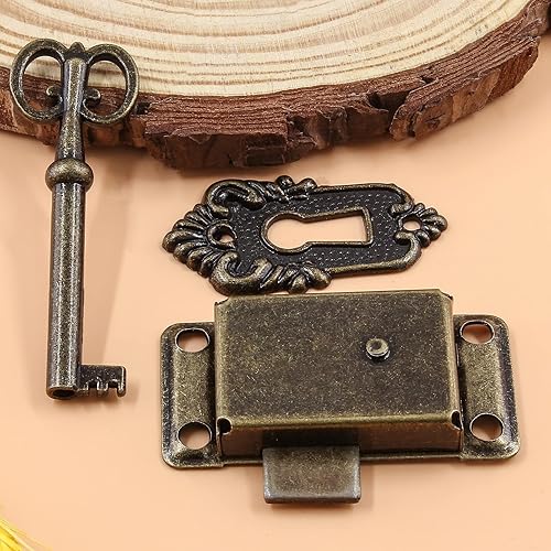 Miniatura 4 de Kyuionty 2 juegos de cerradura de llave de esqueleto decorativo de bronce antiguo con llave y tornillos para muebles de armario de pecho