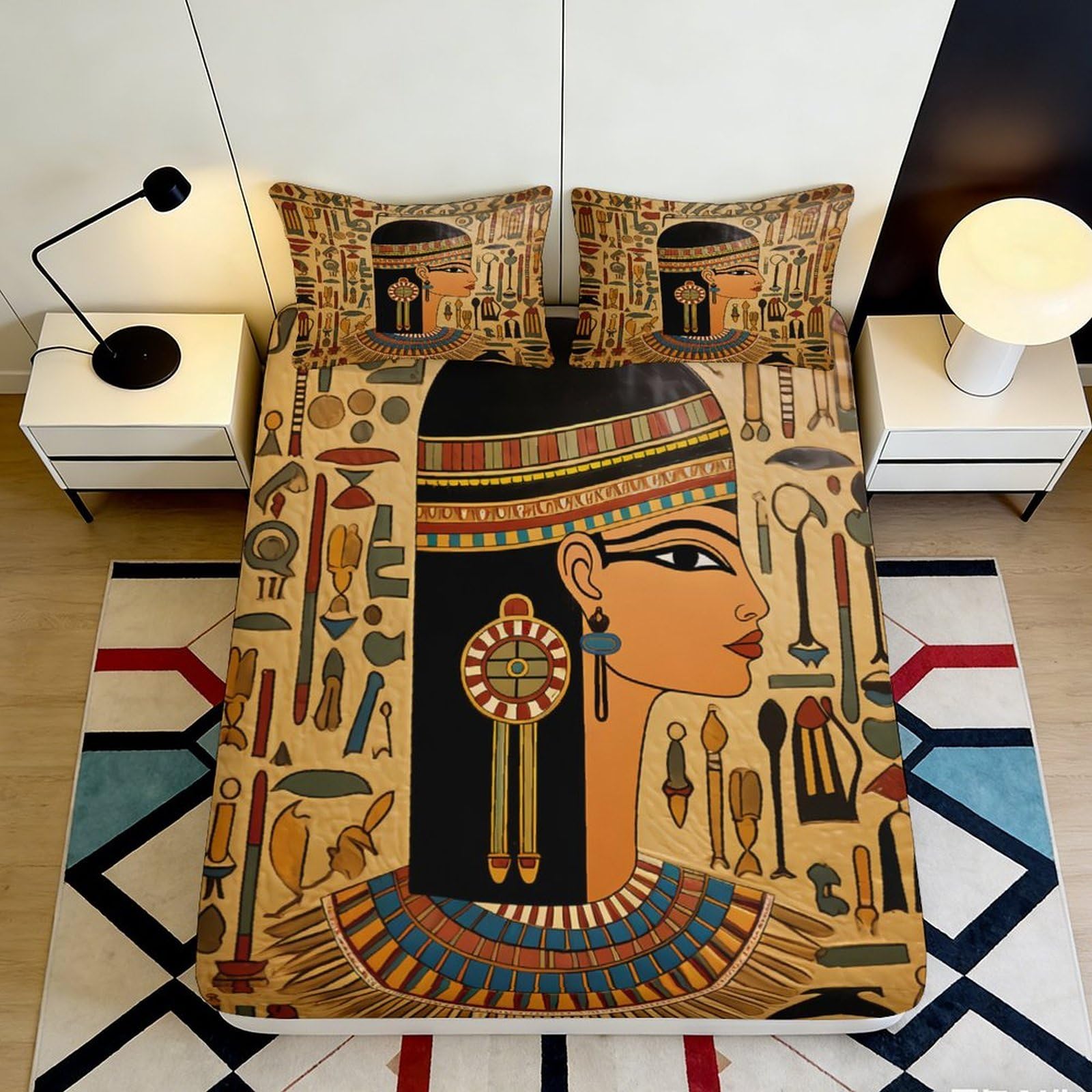 3D Printed Egyptian Queen Fitted Sheet Microfiber Soft Breathable Hieroglyph Mattress Cover for Bedroom Decor 90x200x25cm