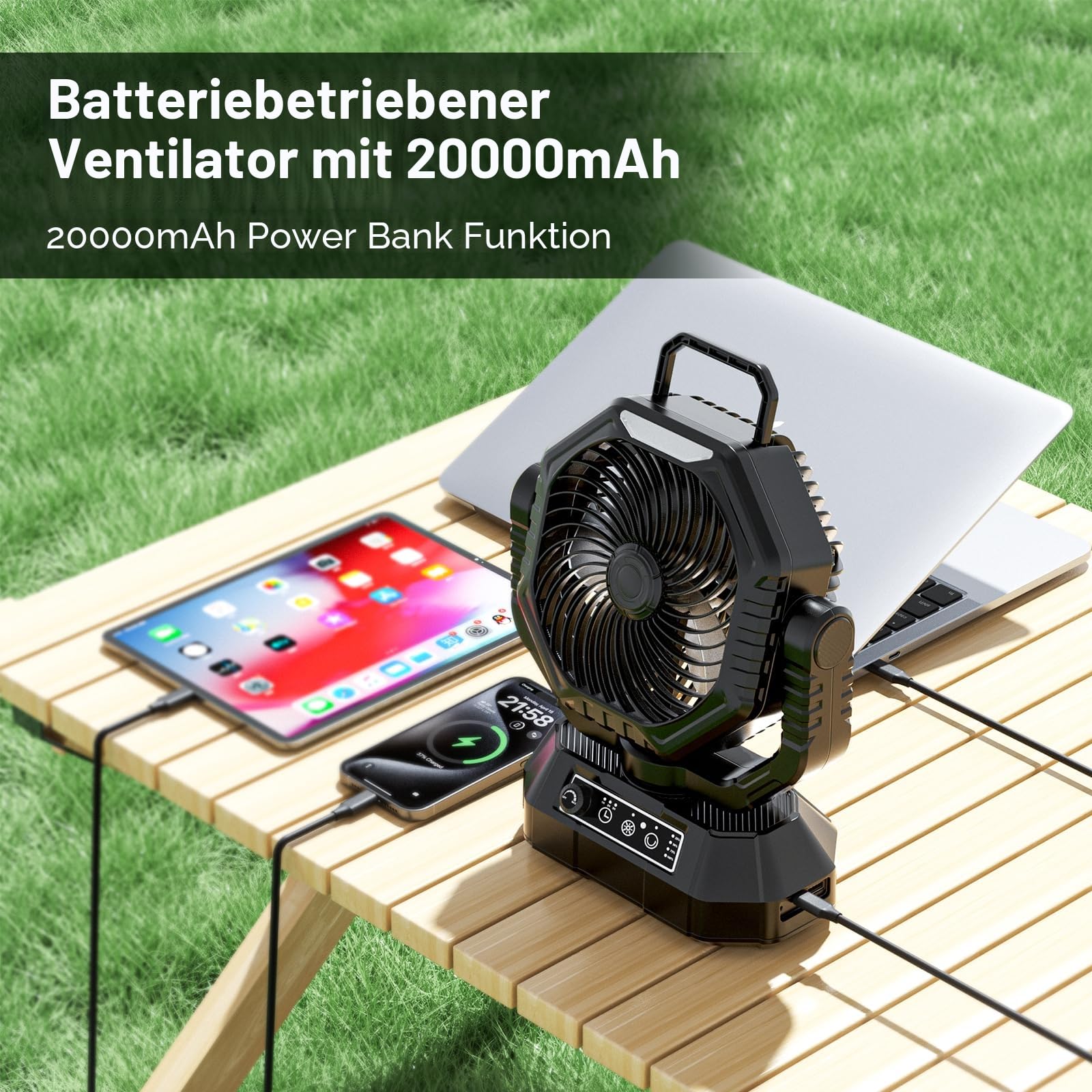 AJVV Camping Ventilator 20000mAh Akku Ventilator mit Fernbedienung LED Licht 270° Drehung Tischventilator