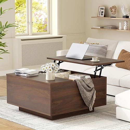 FABATO Lift Top Coffee Table, Wood Square Coffee Table with Storage, Farmhouse Coffee Tables with Hidden Storage Compartment, Center Table with Lifting Tabletop for Living Room, Home Office, Walnut
