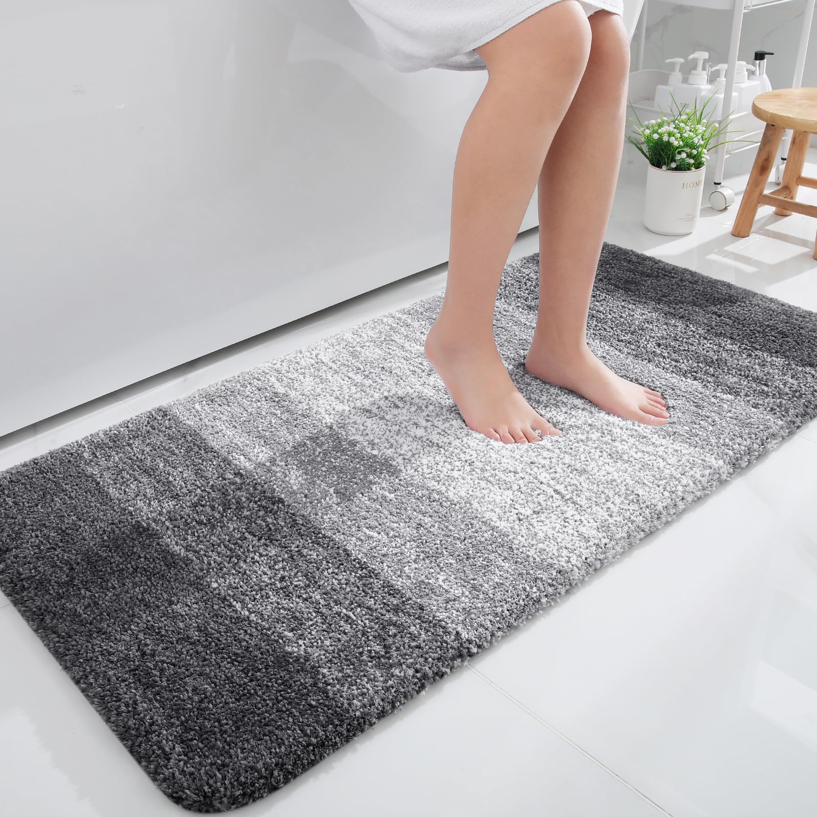 OLANLY Bathroom Runner Rug 45x27, Extra Soft Absorbent Microfiber Bath Rugs | Grey, Non-Slip Quick-Drying Rubber Backing, Machine Washable Long Bath Mat for Floor, Tub and Shower, Home Decor Accessories