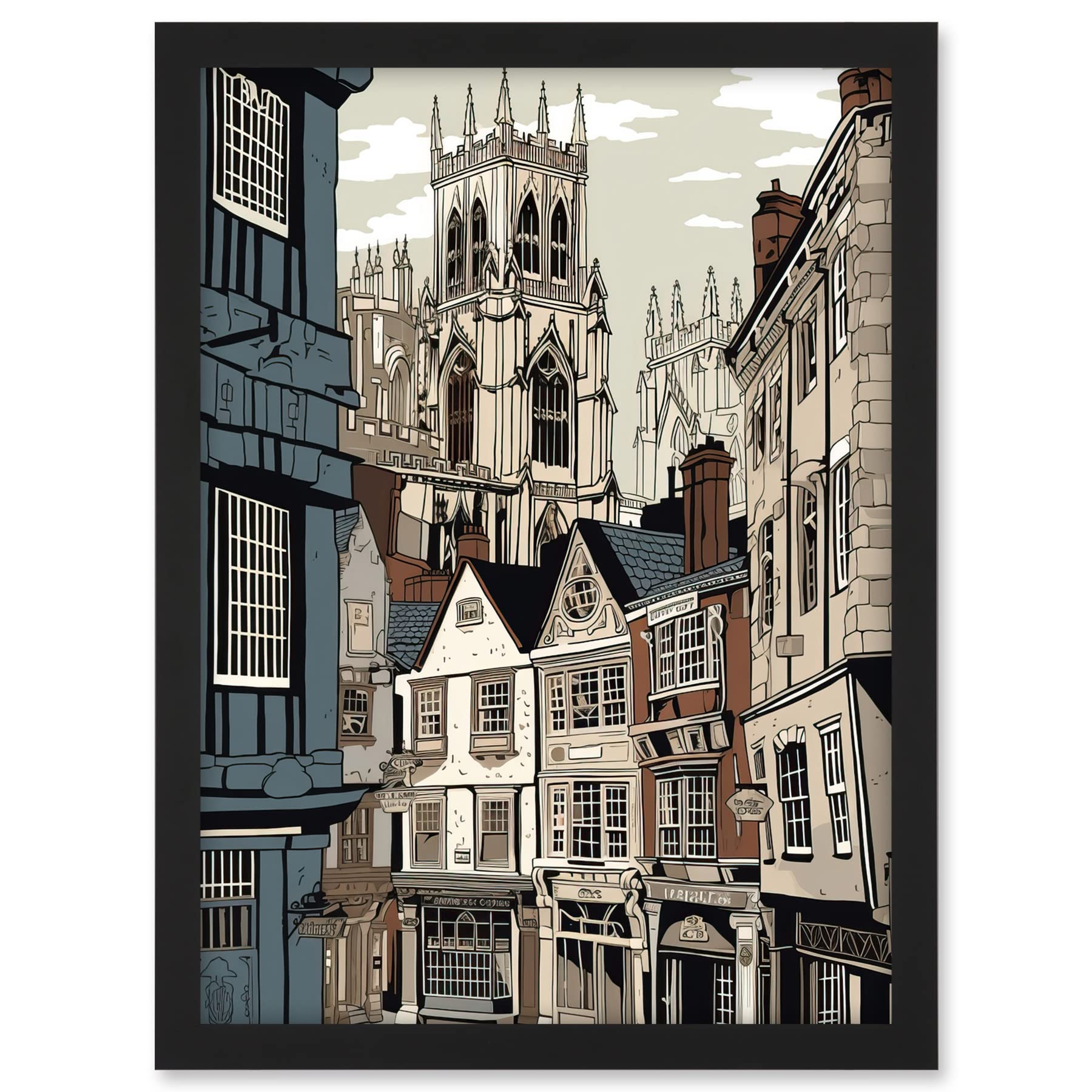 Artery8 Shambles Street Cityscape with York Minster Towers Artwork Framed A3 Wall Art Print