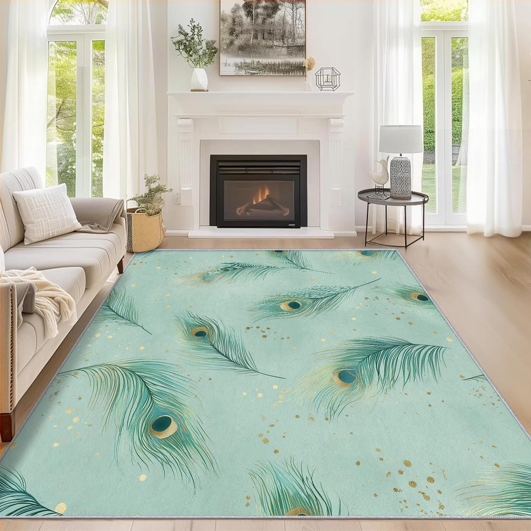 Generico Tappeto Salotto Piuma di Pavone 120x170 cm, Tappeto Piuma Verde, Antiscivolo Pelo Corto Lavabili per Camera da Letto Cucina Bagno P-&64