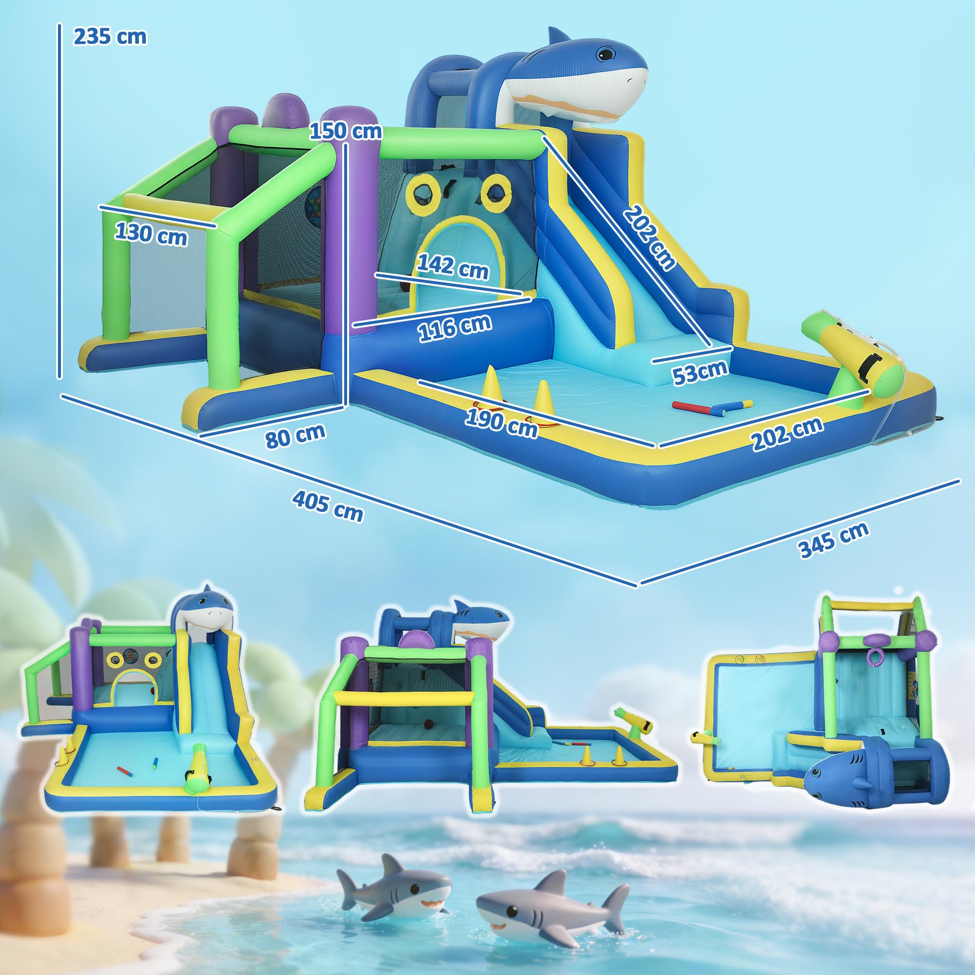 AIYAPLAY Château Gonflable 8 en 1 avec Ventilateur - Parc Aquatique Gonflable Motif Requin - Toboggan Sec/Eau - Piscine Pataugeoire - Trampoline - Mur d'Escalade - Panier Basket-Ball