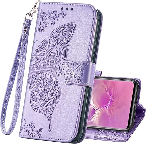 Funda protectora de piel sintética para Samsung Galaxy S10e, con tapa y ranura para tarjetas, bolsillo en relieve, diseño de flores y mariposas,