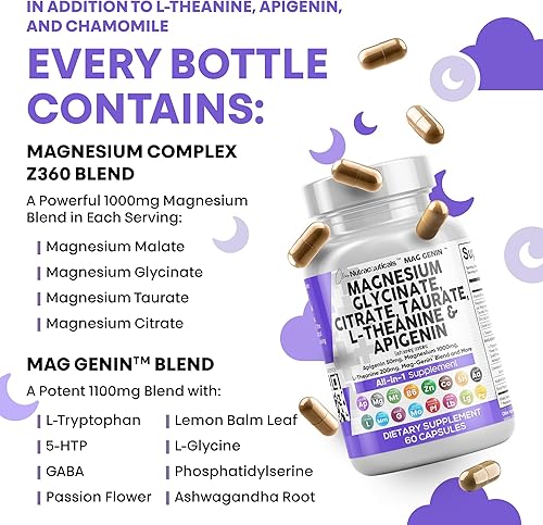 Miniatura 7 de Complejo de glicinato de magnesio 1000 mg con L-teanina 200 mg de apigenina 50 mg suplemento de taurato de citrato - 5-HTP GABA Passion Flower Lemon