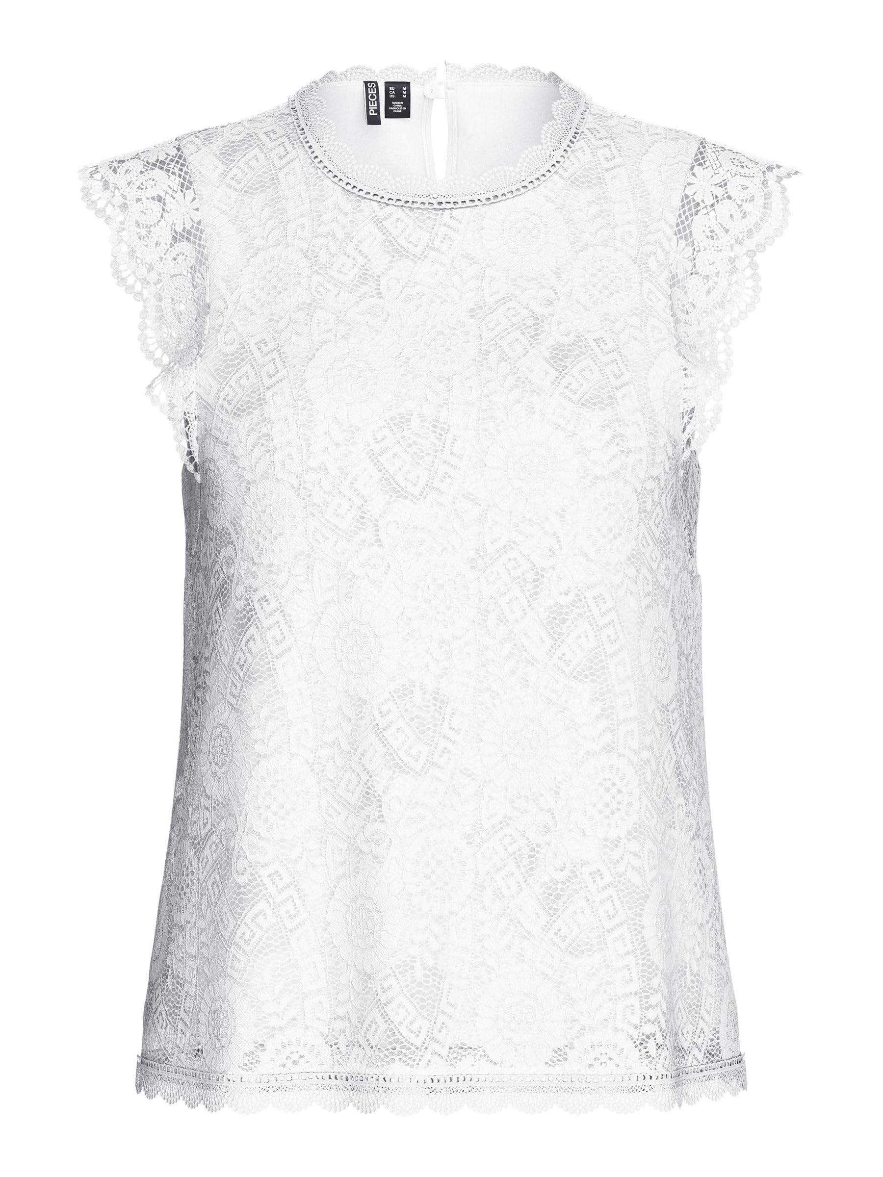 PIECES Women's Pcolline Sl Lace Top Noos Bc T-Shirt, Cloud Dancer, M
