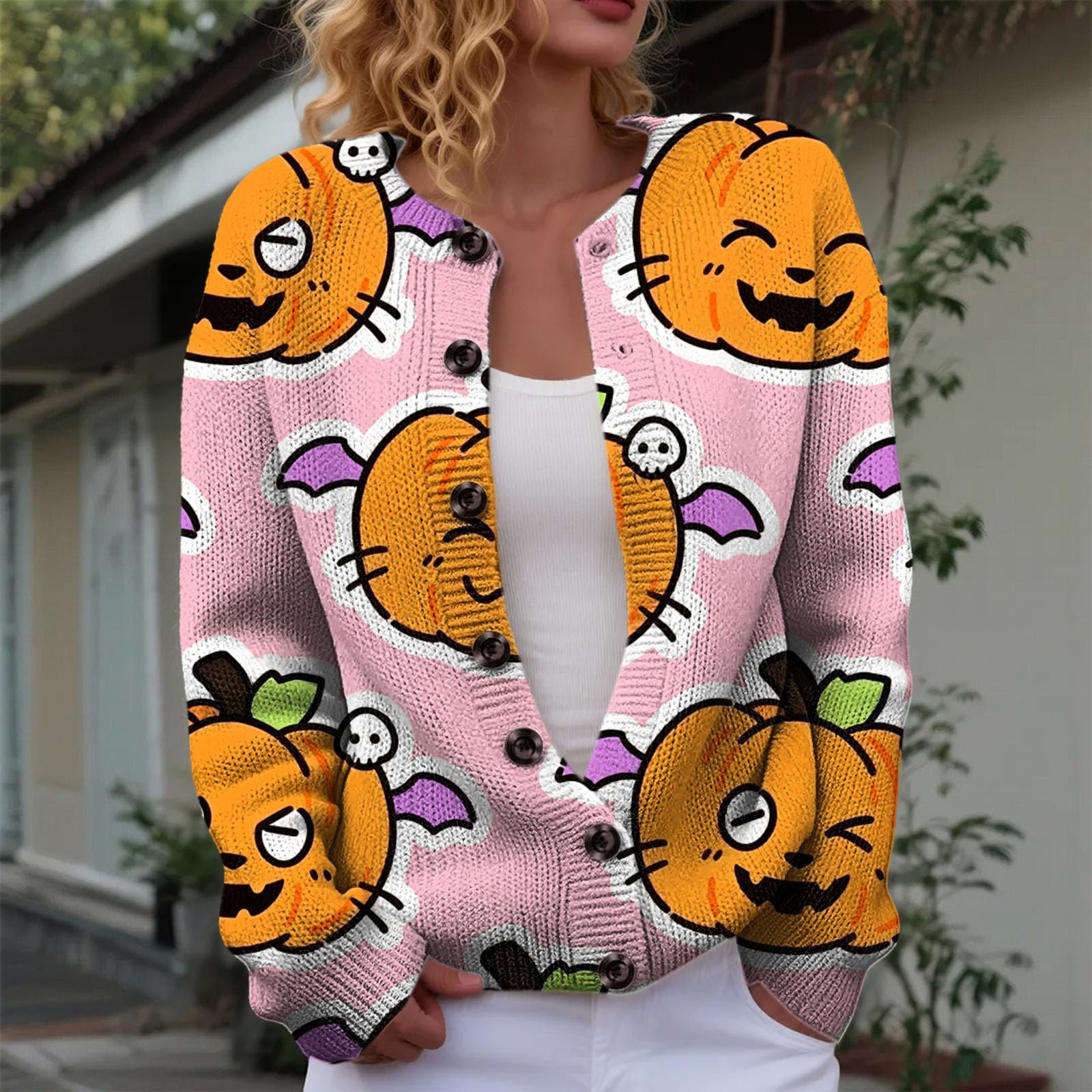 Generisch Maglione da donna autunnale con bottoni, cardigan lavorato a maglia, a girocollo, per le mezze stagioni, cardigan da donna con cappuccio, cardigan autunnale, elegante, per la mezza stagione