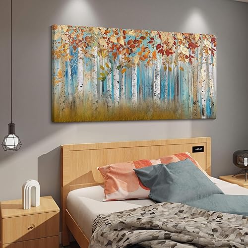 Miniatura 7 de Lienzo decorativo para pared de árbol de abedul, paisaje amarillo, cuadro, decoración de pared para sala de estar, dormitorio grande, decoración de