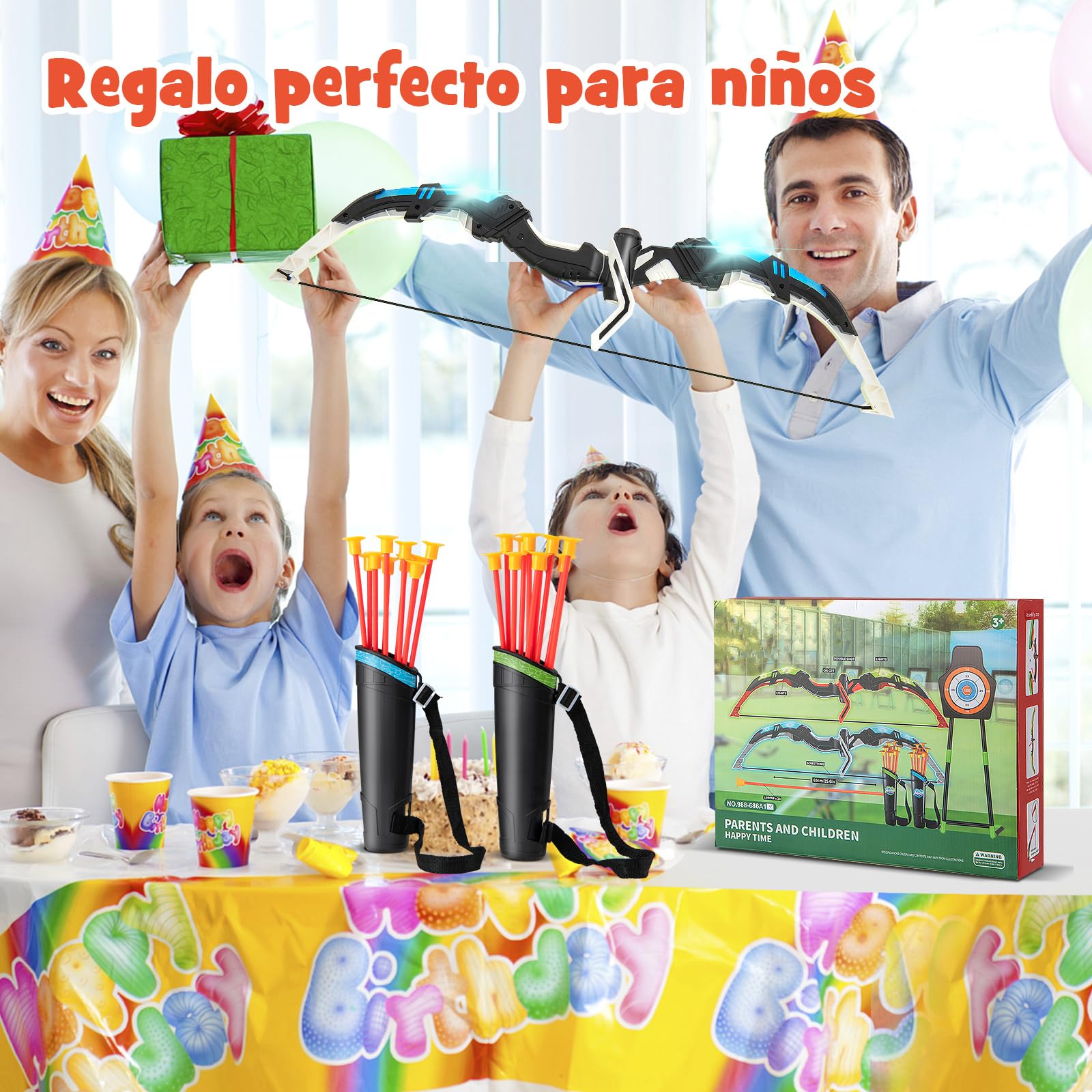 COSTWAY Juego de 2 Arcos y Flechas de Juguetes para Niños, Set de Juguetes de Tiro con Arco con 20 Flechas de Ventosa, Objetivo de Pie o Colgante, Portaflechas para Juegos para Niños de 3+ Años