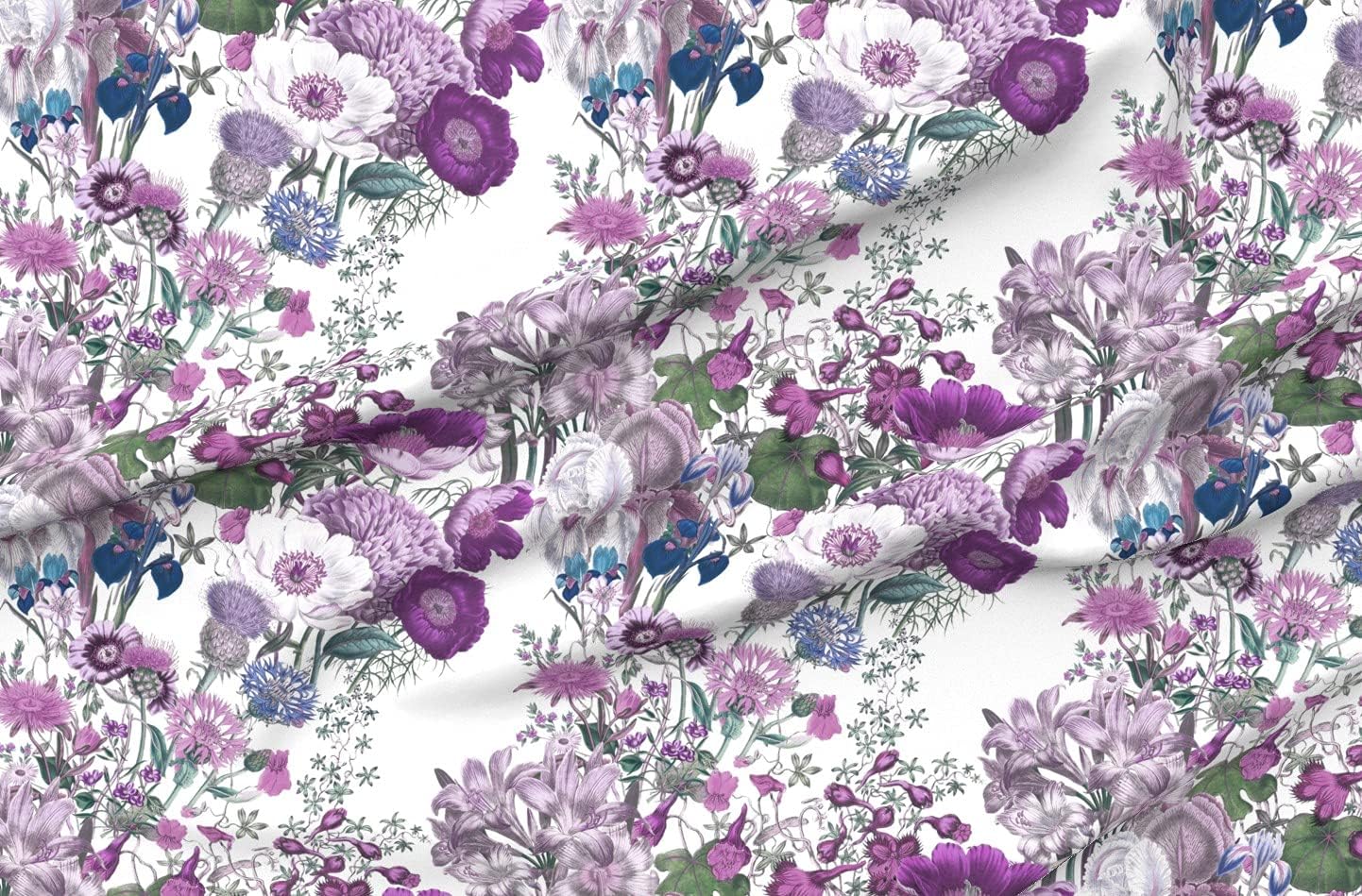Spoonflower Fabric - White Lilac Lavender Floral Flowers Botanical Spring Purple Printed on Organic Cotton Sateen Fabric by The Yard - Sewing Quilting Apparel Home Decor