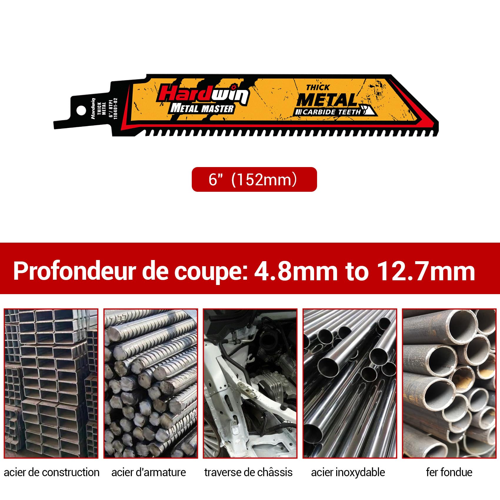 Lames pour scies sabre 150mm 8TPI Carbure Métal épais 3PCS | Lames carbure Haute Perf. Vie 30x > bimétal. Coupe fonte, inox, acier épais, fer à béton. Emmanch. 1/2" univ. Compatible.