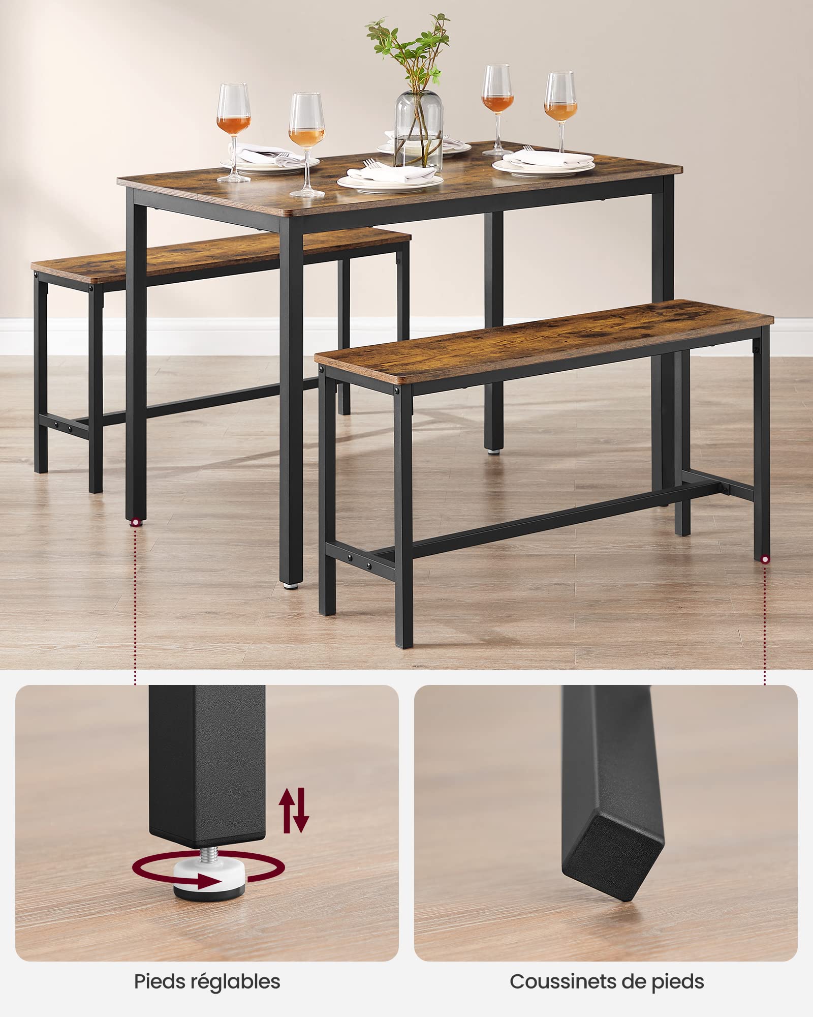VASAGLE Table à Manger avec 2 Bancs, Ensemble de 3 Meubles, Table de Salle à Manger de 70 x 110 x 75 cm, 2 Bancs de 30 x 97 x 50 cm, Cadre en Acier, Marron Ruatique et Noir d'encre KDT070B01