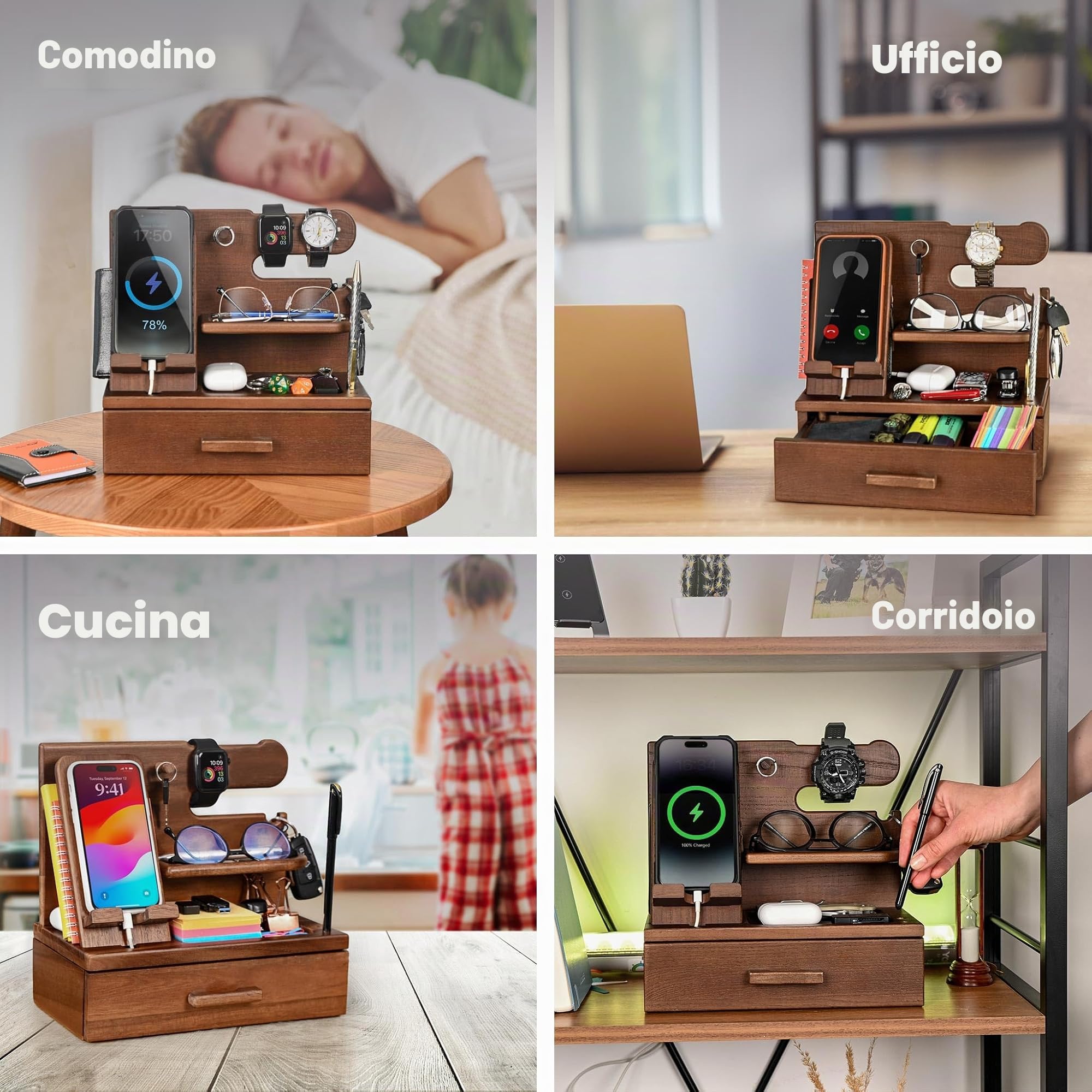 TESLYAR Stazione di ricarica telefono in legno con cassetto - Organizer da comodino - Organizer da scrivania per marito - Idee regalo di compleanno per uomini, papà, anniversario, portachiavi