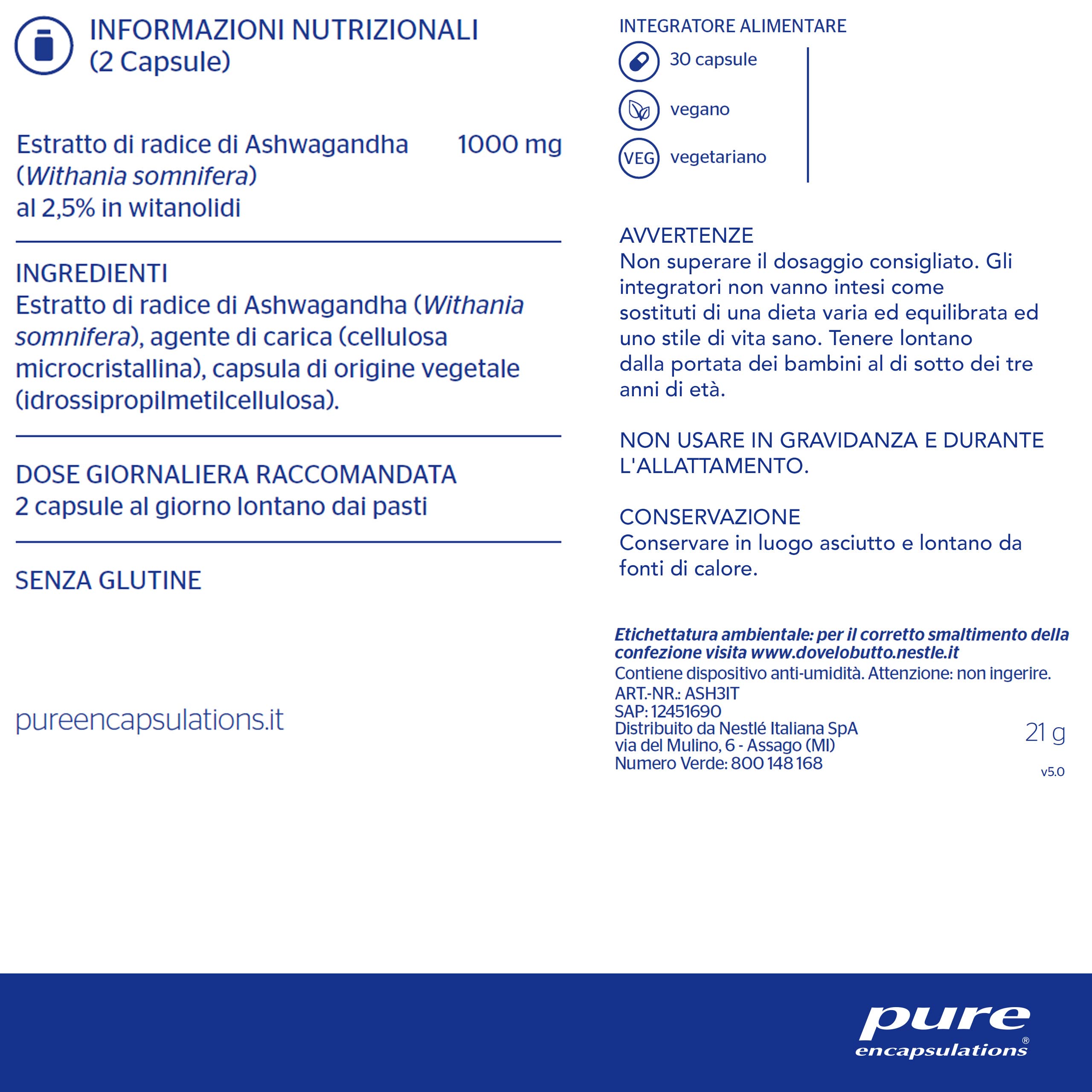 Pure Encapsulations - Ashwagandha – Integratore con Withania somnifera (Ginseng Indiano) – Capsule Vegane Senza Glutine e Lattosio – 30 Capsule