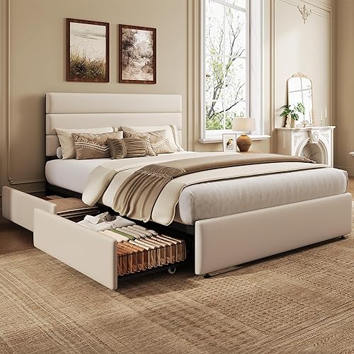Miniatura 11 de WLIVE Base de cama tapizada tamaño Queen con 4 cajones de almacenamiento y cabecero, marco de cama de plataforma de terciopelo, soporte de listones