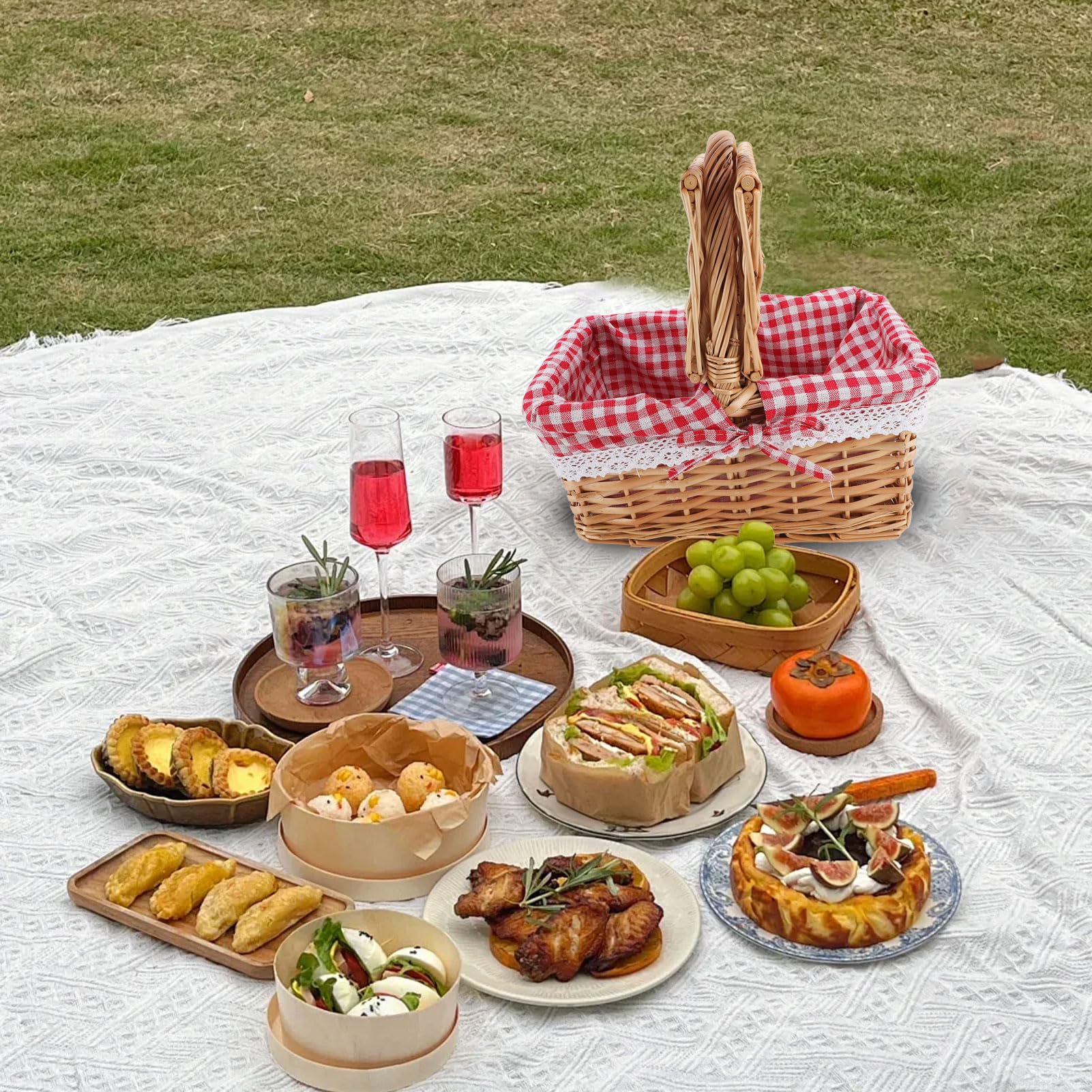 Canasta de Picnic de Mimbre con de Tapa, Cesta de Cosecha de Jardín de Ratán Tejida con Tapa, Revestimiento de Algodón, para Hacer Picnic, Acampar, Día de la Madre, Acción de (Cuadrado)