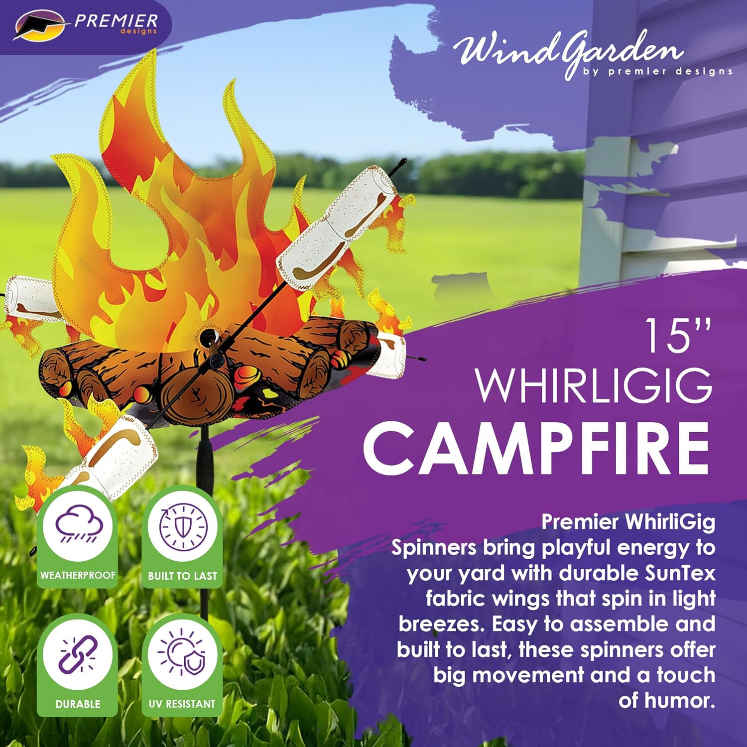 Whirligig Spinner Campfire 15" – Cozy Outdoor-Themed Design, Weather-Resistant Outdoor Decor, Durable & Lightweight for Patios, Yards, and Gardens - Eye-Catching Wind Spinner