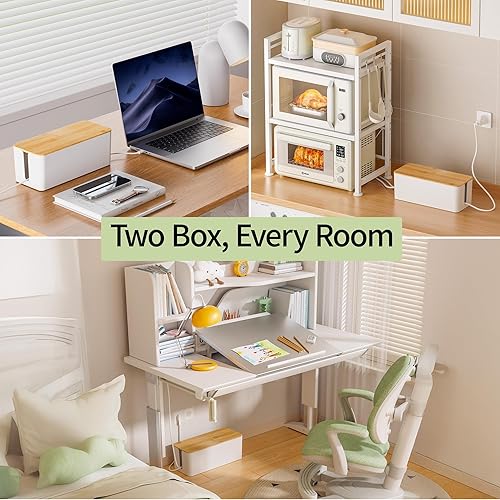 Miniatura 4 de YECAYE Paquete de 2 cajas de organización de cables, tapa de madera y cuerpo de plástico, caja organizadora de cables mediana y pequeña, organizador