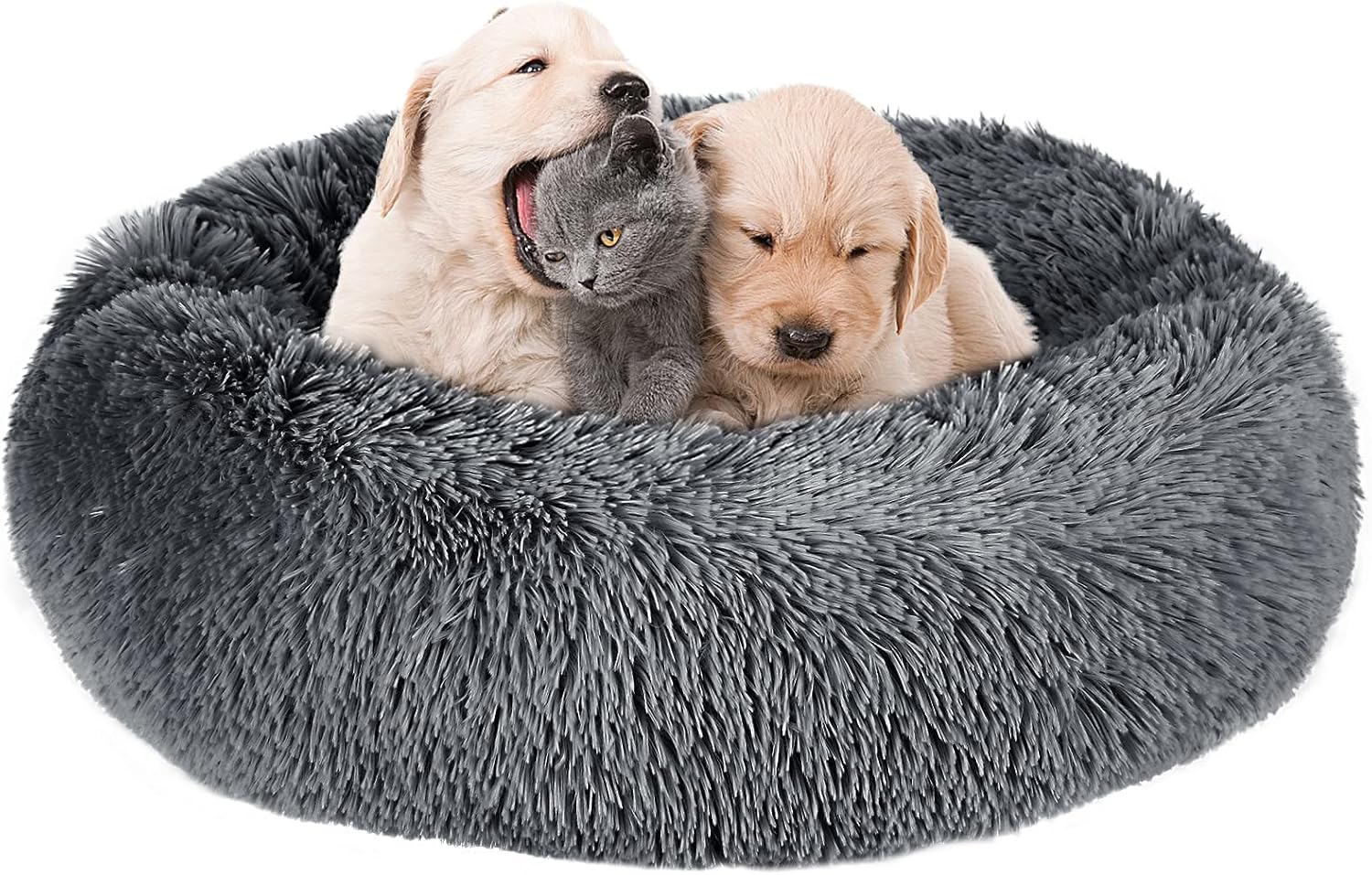 Calming Dog Bed & Cat Bed, Anti-Anxiety Donut Cat Bed, Warming Cozy Soft Dog Round Bed, Fluffy Faux Fur Plush Pet Dog Cat Cushion Bed…
