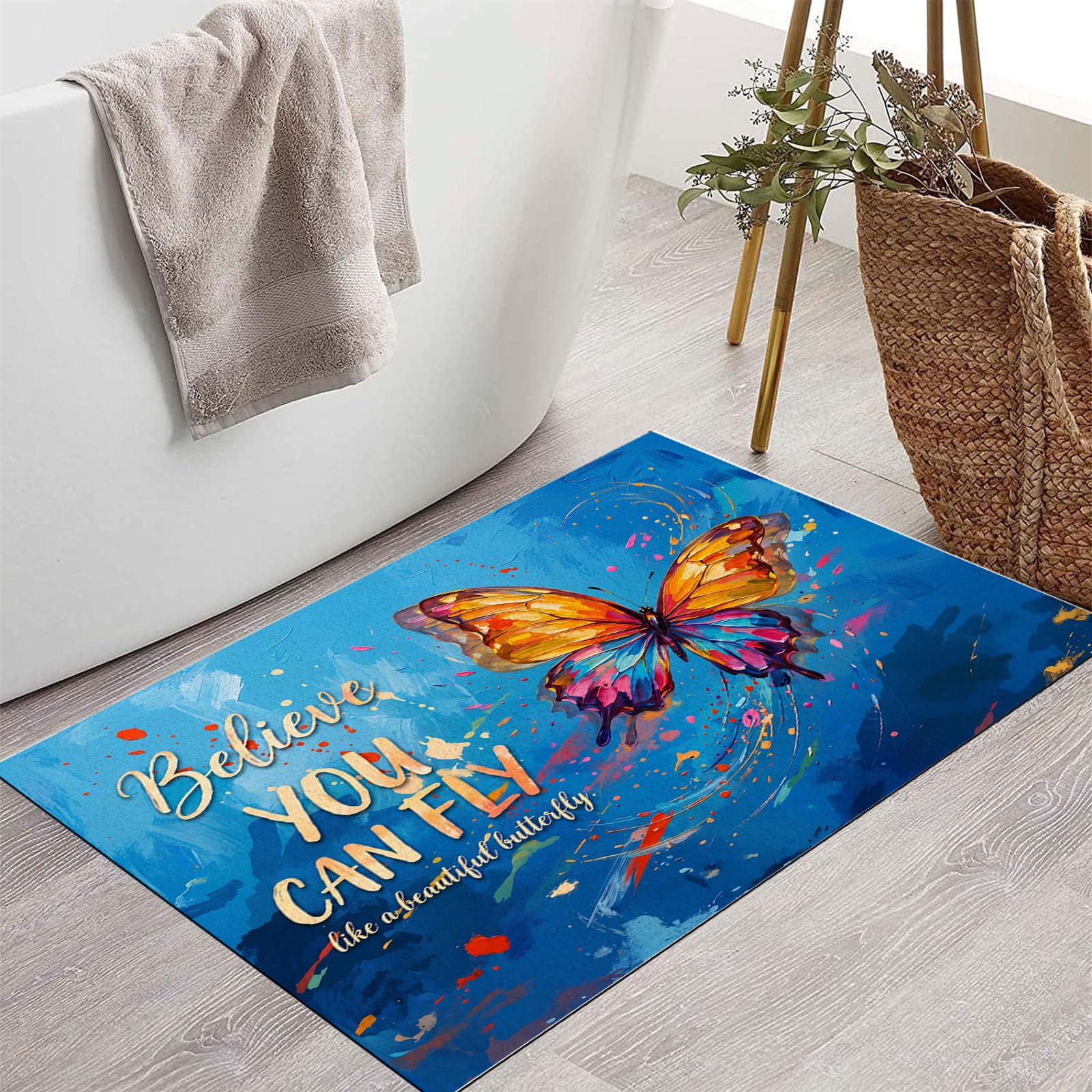 Zerbino Ingresso Interno Animali Farfalla Graffiti, Zerbino Di Benvenuto Lavabile Morbida Slogan Motivazionale, Antiscivolo Tappeto Da Decorazioni Blu Per Casa Porta, 60X90Cm