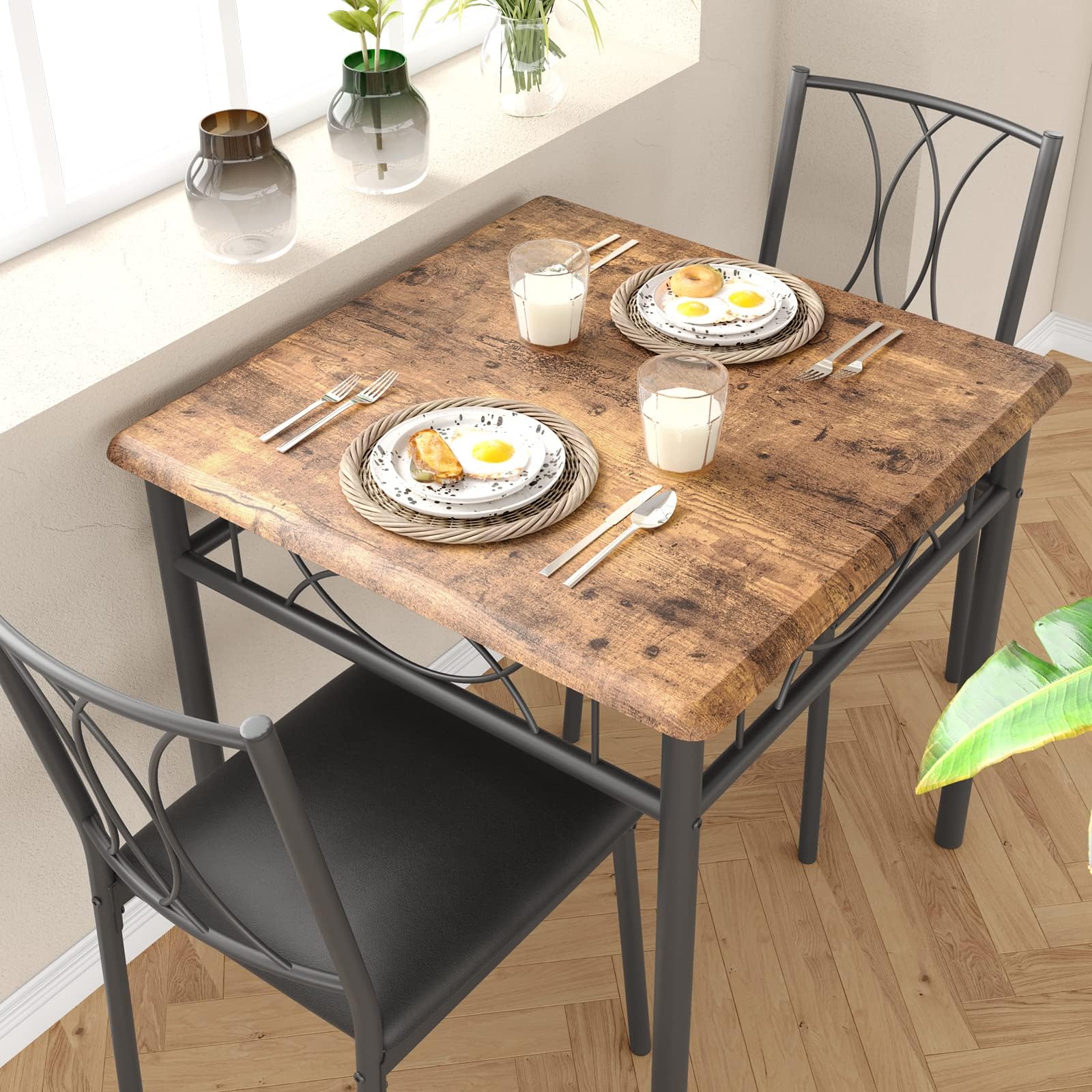 Tables de Salle à Manger pour 2, Table et chaises de Cuisine, Table de Salle à Manger carrée avec 2 chaises en métal et en Bois, pour Petits espaces, Appartement (Marron Rustique 2)