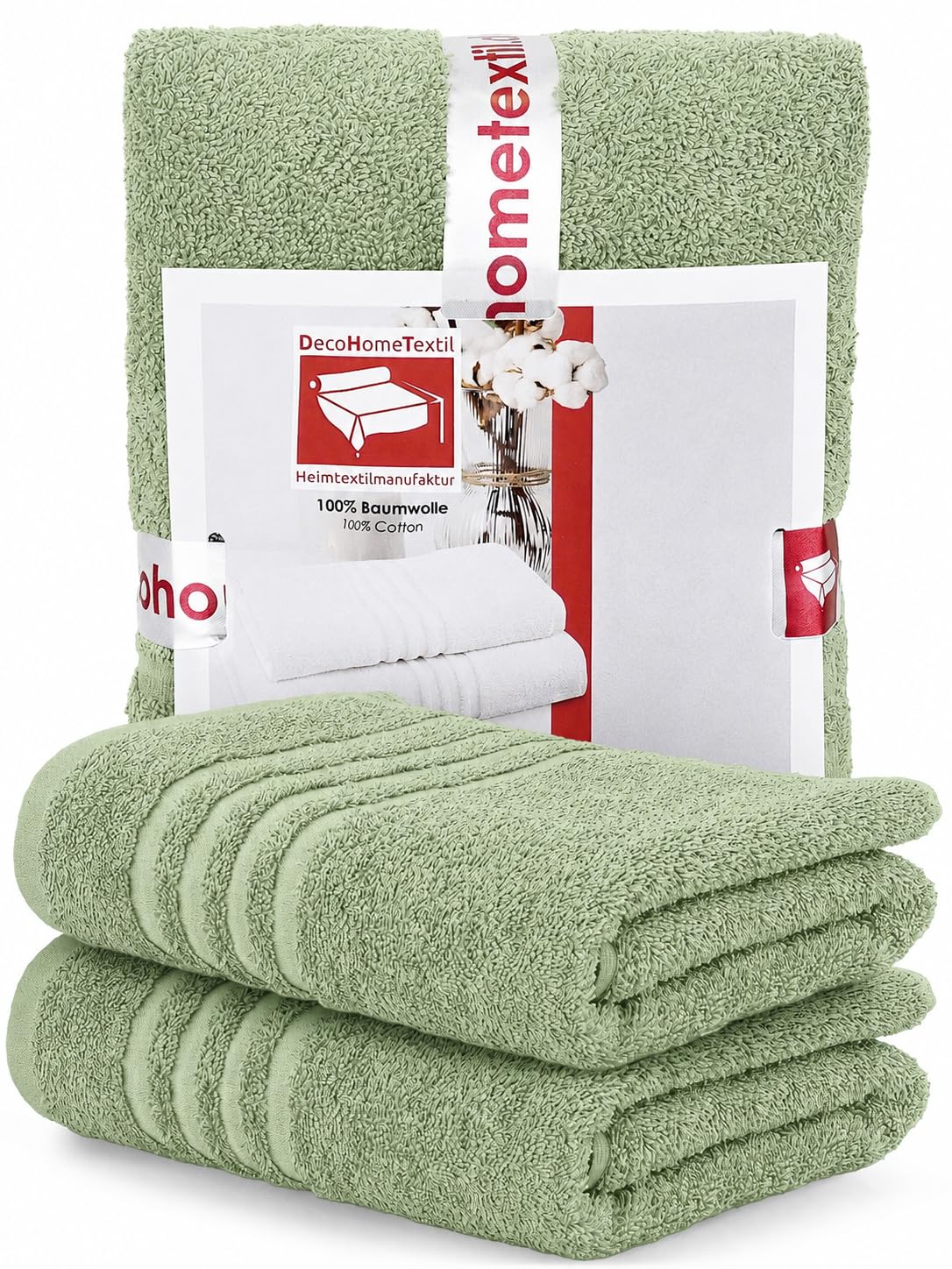 DecoHomeTextil Hand Towel Set 2 Bath Towels 70 x 140 cm in Sage Green 100% Cotton High Quality Cuddly Soft and Absorbent