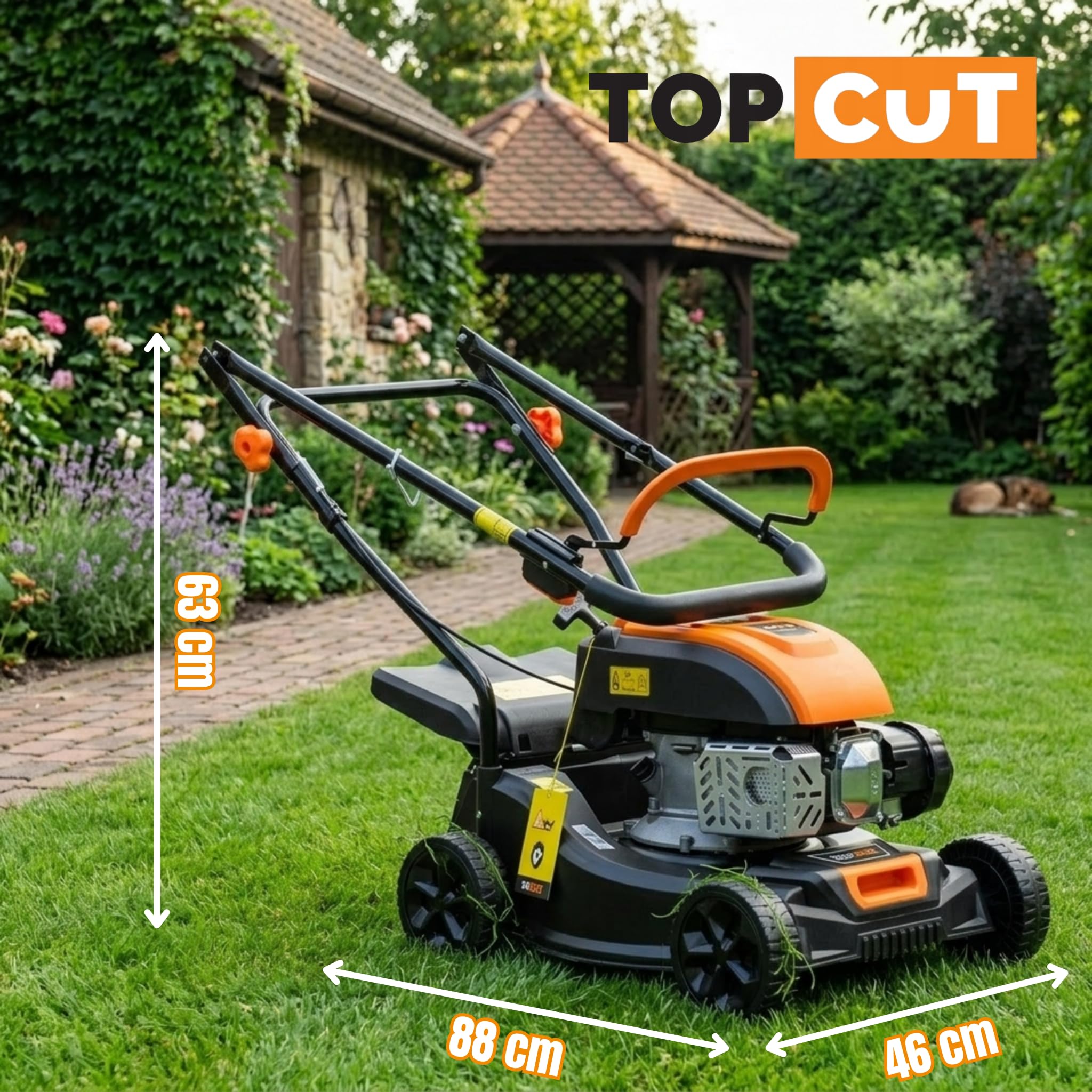 TOP CUT Tosaerba a benzina TC-LS-40-149L, larghezza di taglio 40 cm, leggero e maneggevole, 149 cc, 3000 giri/min, cestino 45 l, 7 Nm, motore QL150 OHV, Easy Start, antiruggine