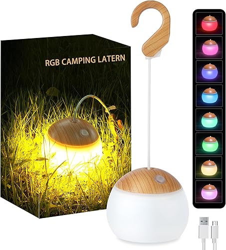 Linterna de campamento, 4 modos de luz, linterna LED de camping con gancho para colgar, luz de campamento recargable de silicona, funciona con