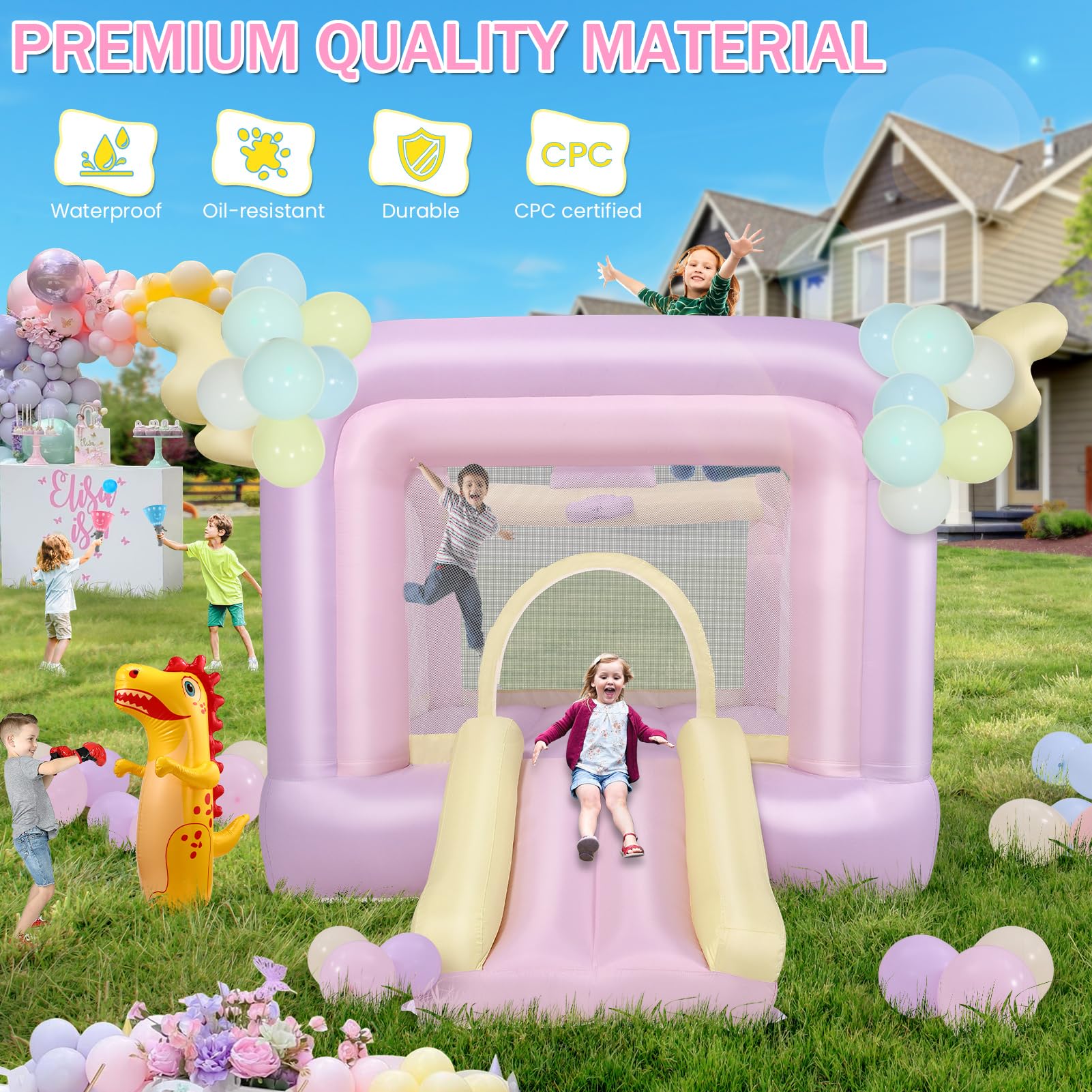 AKEYDIY Inflatable Bounce House for Kids, 106'' x 85'' x 80'' Macaron Jumping House with Slide, Balloons, Catch Ball Set, Punching Bag, Beach Ball, Basketball