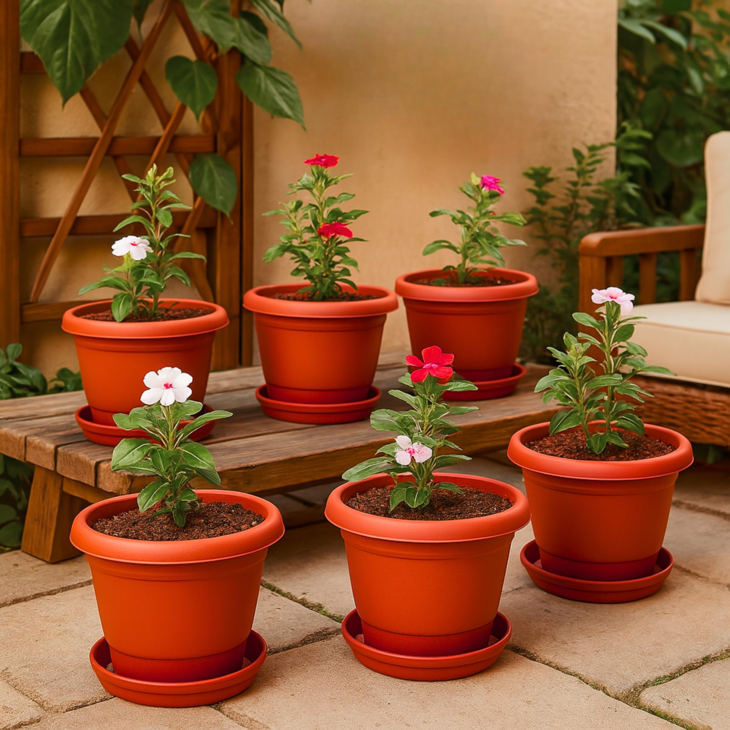 Kraft Seeds 8 Inch Pack of 6 Flower Pots for Garden with Bottom Plate & Drainage Hole, Plastic Pot for Plants, Indoor & Outdoor, Planters for Balcony, UV Treated Gamla for Plants, Round Plant Pot, Red-image-49