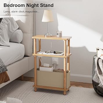 APICIZON Narrow Side Table, 3 Tier Bed Side Table, Slim End Table with Charging Station, for Living Room, Bedroom, Small Nightstand with Magazine Rack, Oak(with a storage box and charging station)