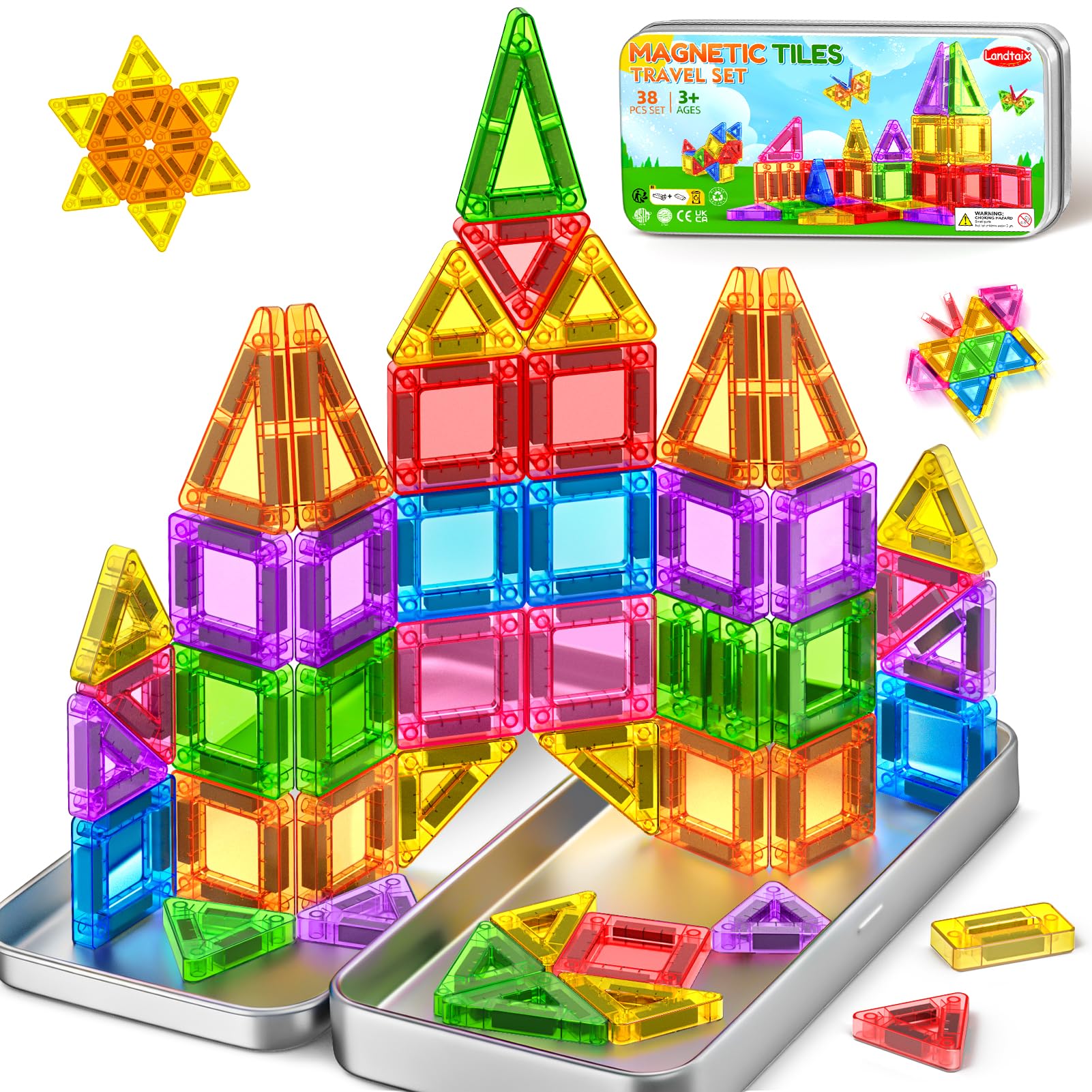 Magnetic Tiles for Kids Ages 3-5 Construction Toys with Iron Box for Boys Girls