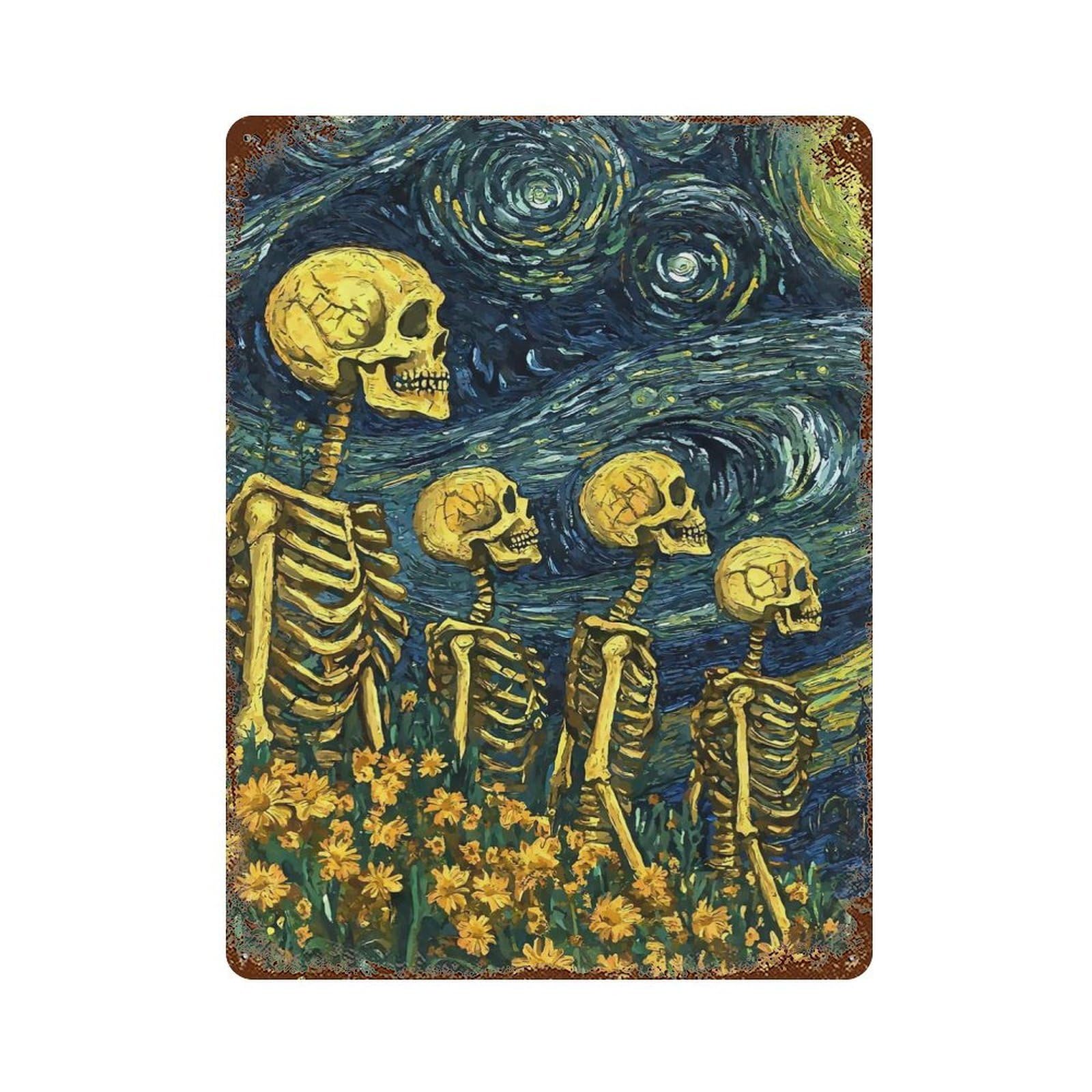 Rust Effect Skeletons Starry Night Rusty Metal Tin Sign 15.7"x11.8", Old School Wall Decor for Basement, Hobby Room And Garage Decor