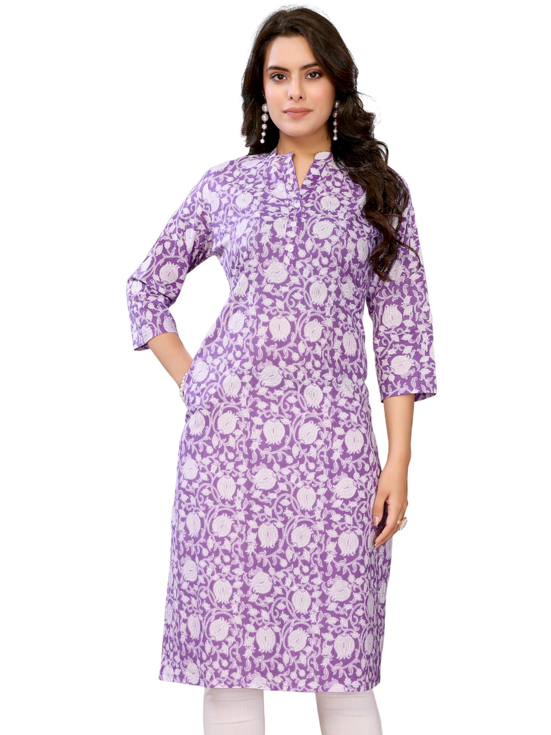 Highlander Block Print Regular Long Cotton Kurtis Kurtas for Women in neutral
