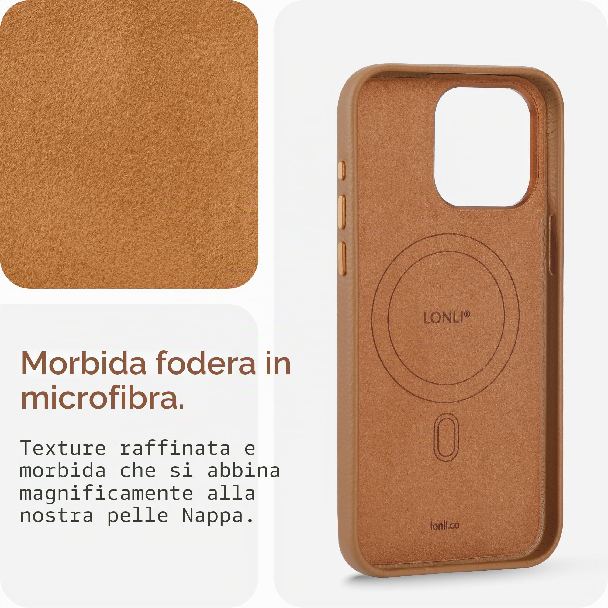 LONLI - per iPhone 15 Pro Max - Custodia europea in vera pelle Pebble con telaio in alluminio per fotocamera [compatibile con Magsafe] - Saddle