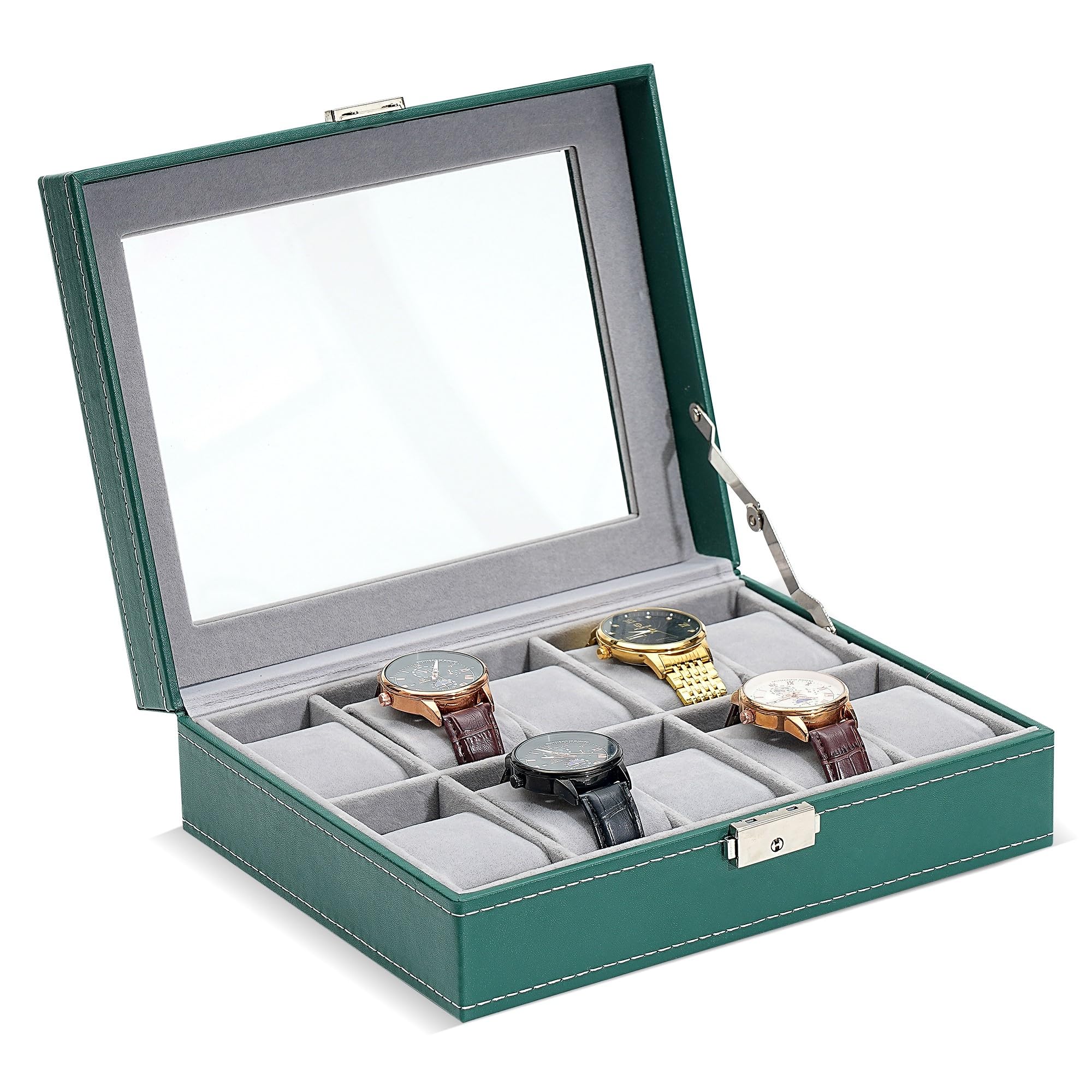 Trixes Green Leather Look Watch Case 10 Slot – Watch Organizer With Glass Display Window – Lockable Box With Removable Pillow Pads